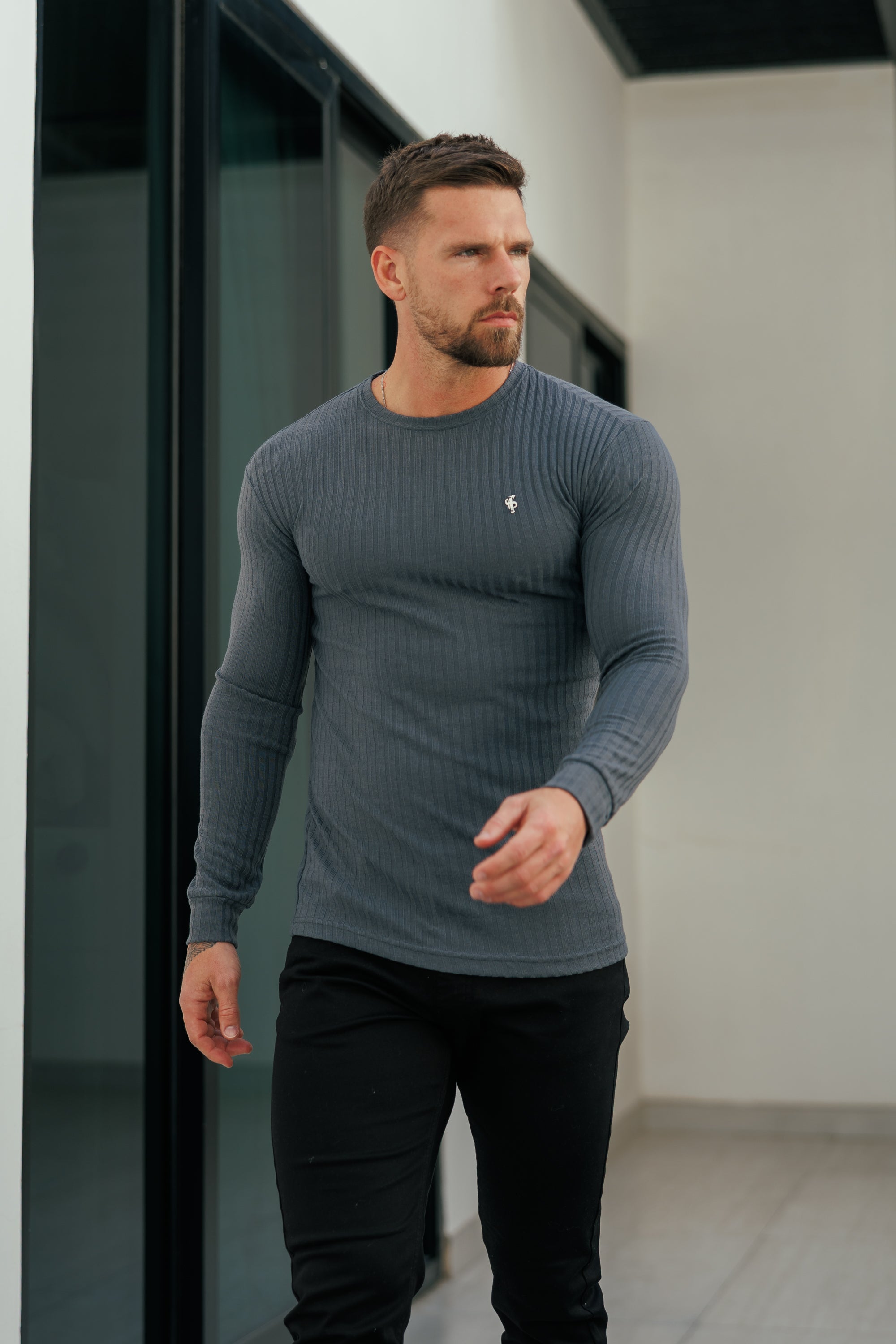 Father Sons Classic Charcoal Ribbed Knit Sweater With Silver Metal Emblem - FSH947