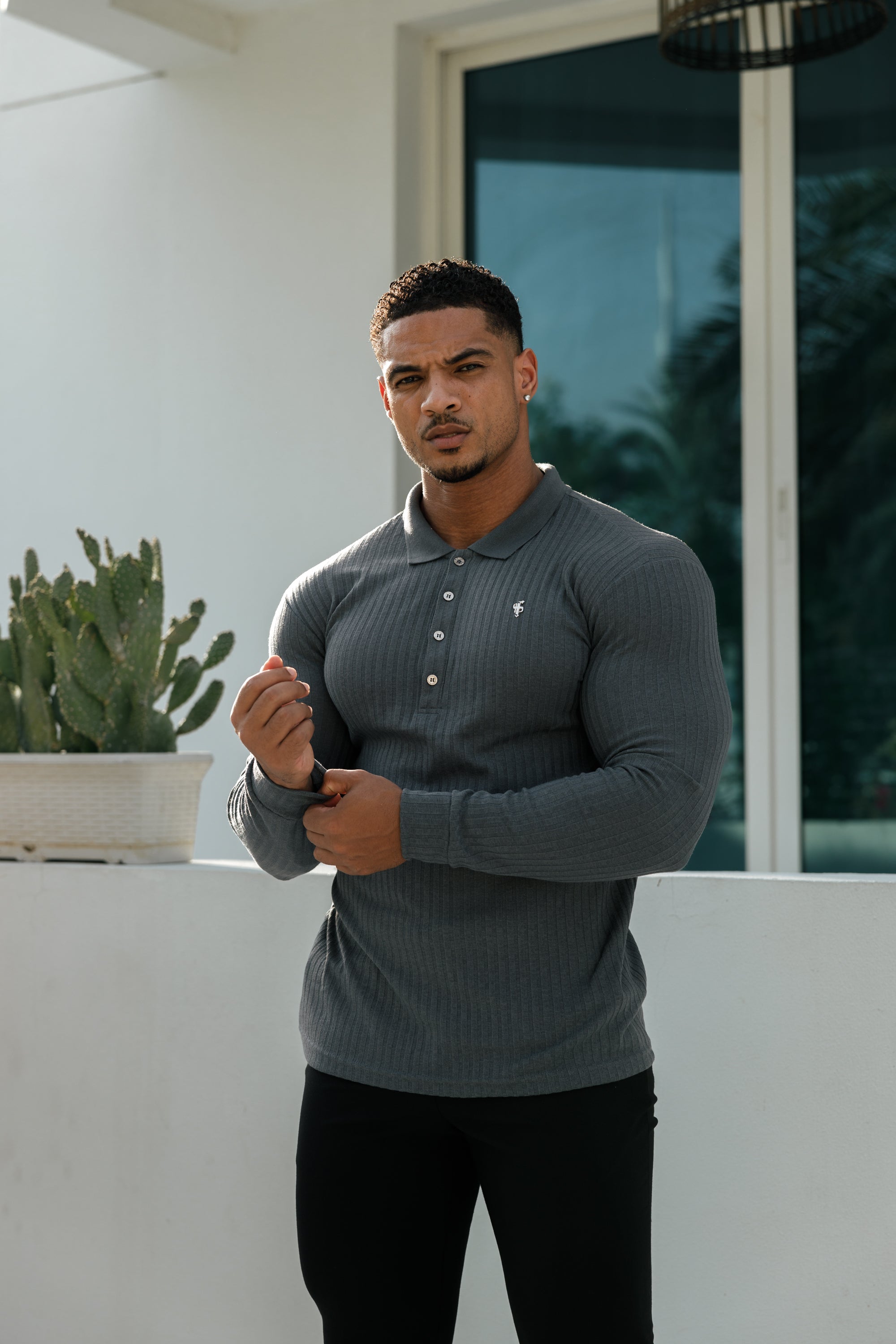 Classic Charcoal Ribbed Polo Shirt Long Sleeve With Silver Decal - FSH971