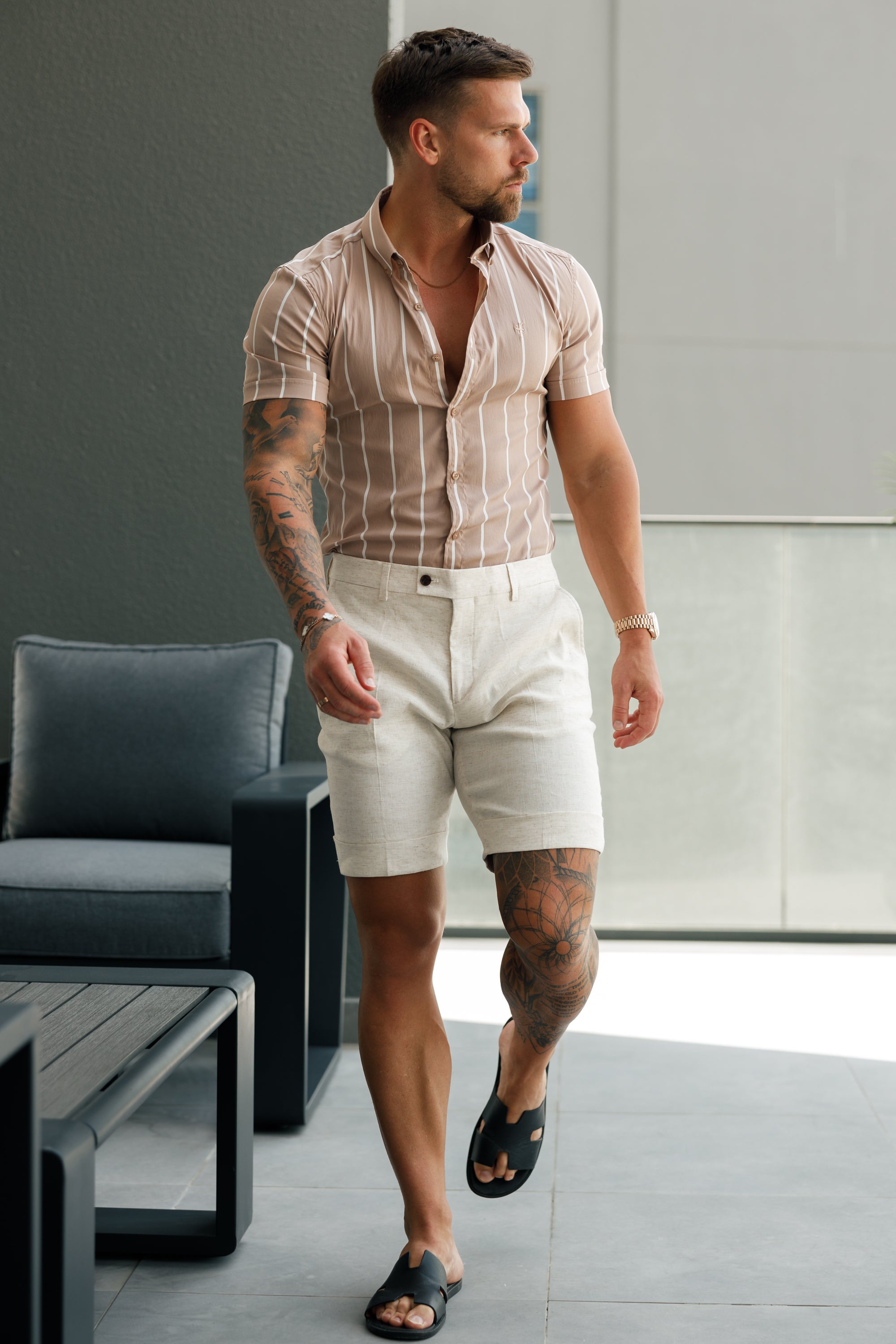 Super Slim Stretch Taupe Printed Wide Stripe Short Sleeve with Button Down Collar - FS1066