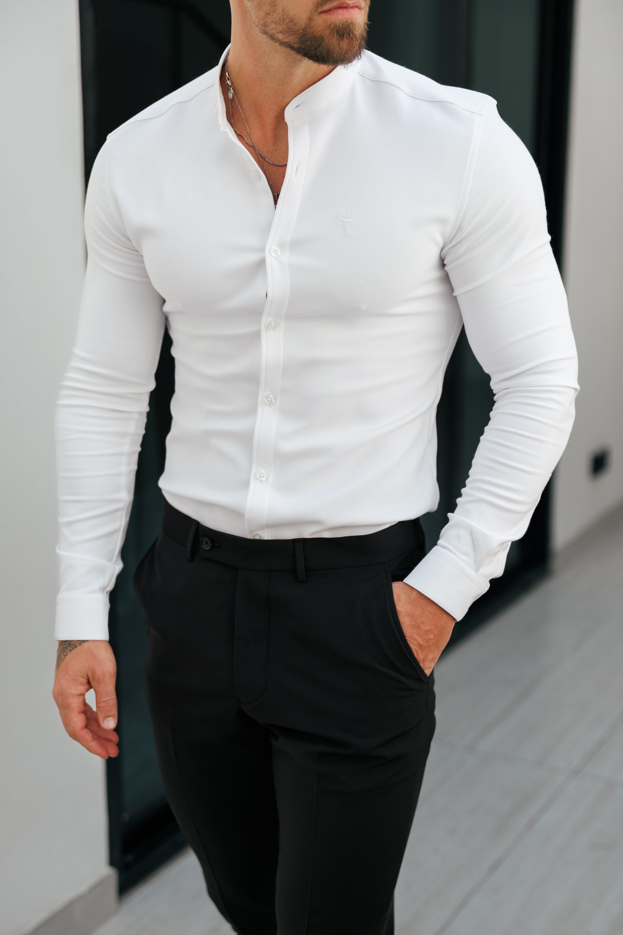 Super Slim Scuba White Long Sleeve Stretch with Grandad Collar - FS1170