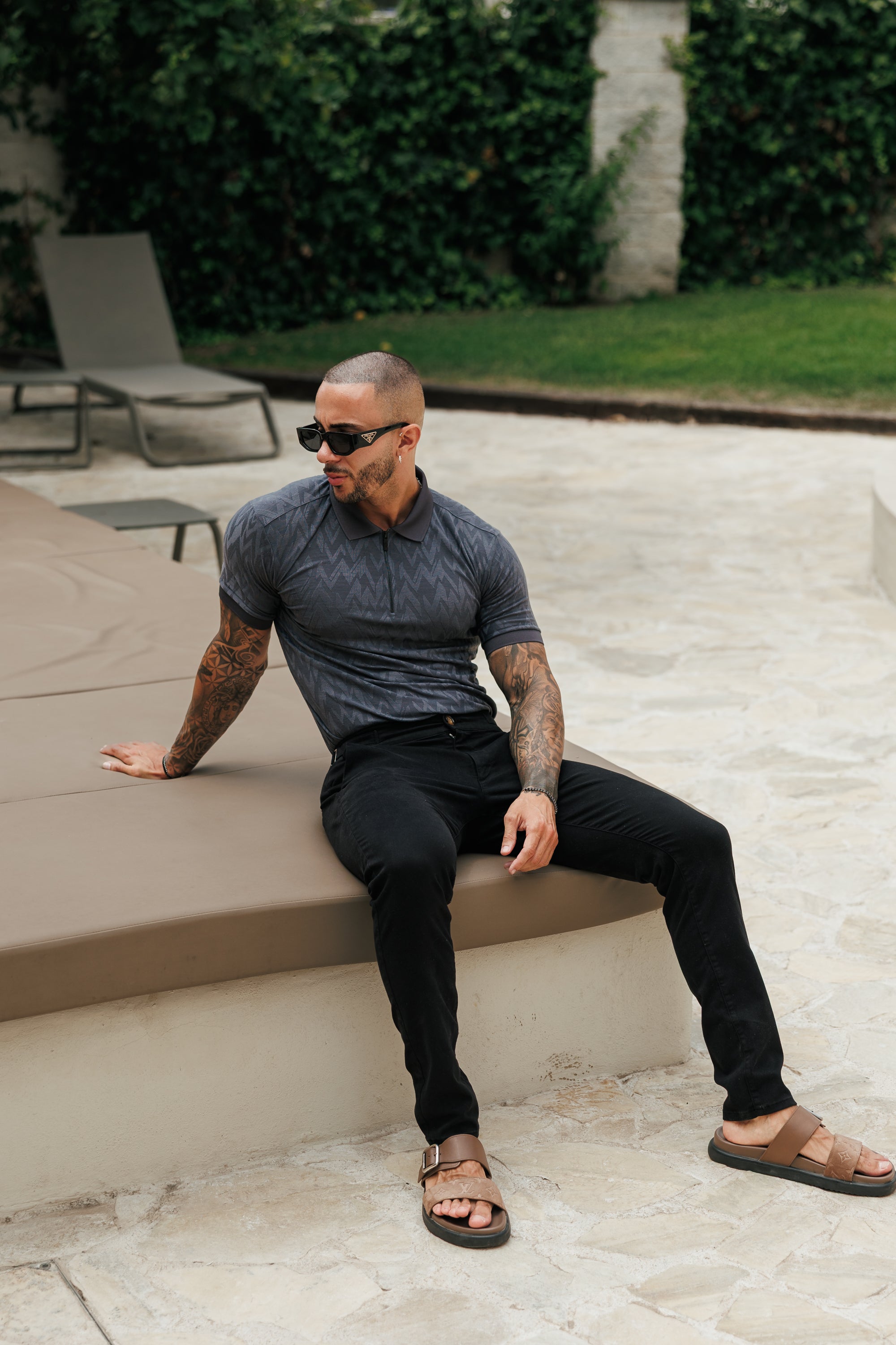 Classic Jacquard Charcoal Chevron Zipped Polo - FSR059 (PRE ORDER 30TH JUNE)