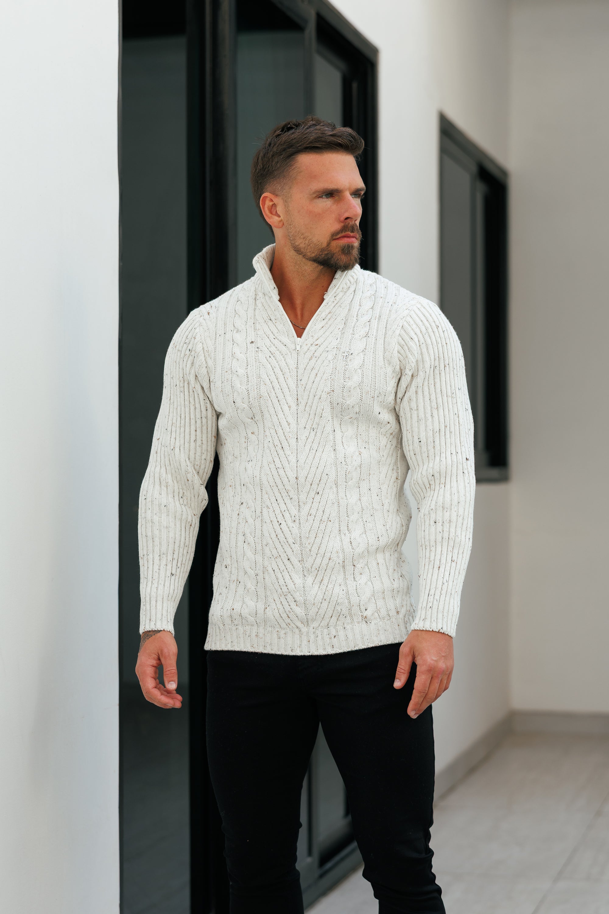 Funnel Neck Jumper with Quarter Zip Beige Fleck - FSJ156