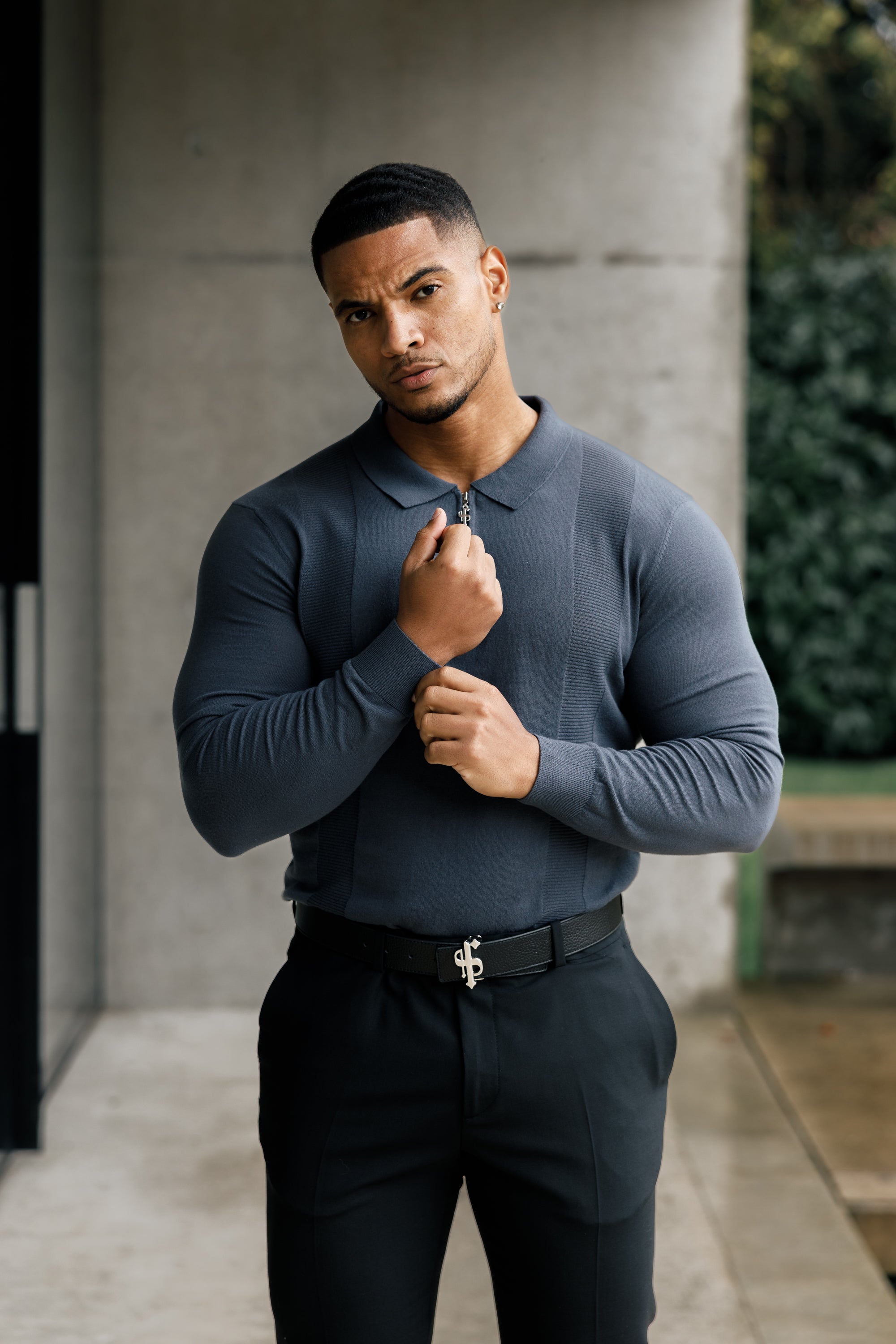 Classic Gunmetal and Silver Zip Knitted Polo Shirt Long Sleeve - FSN128