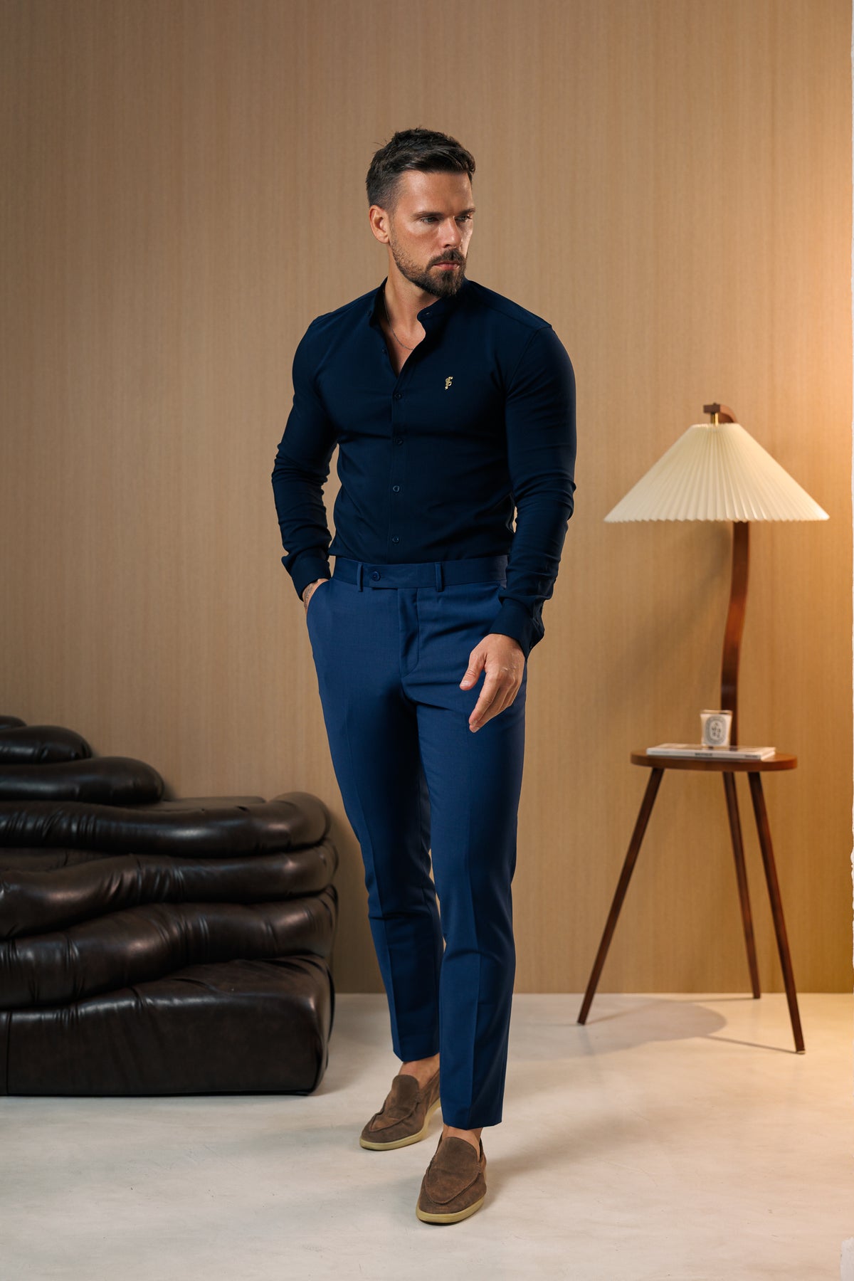 Super Slim Scuba Navy Long Sleeve Stretch With Grandad Collar With Gold Decal  - FS1265