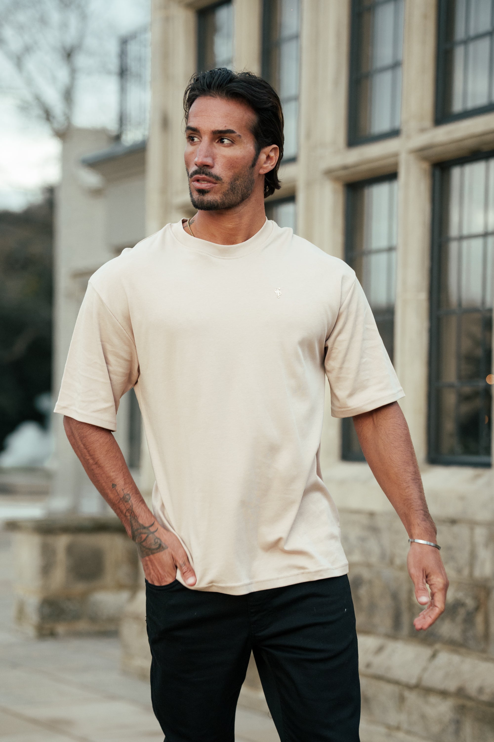 Beige / Gold Oversized Crew T Shirt - FSH1420