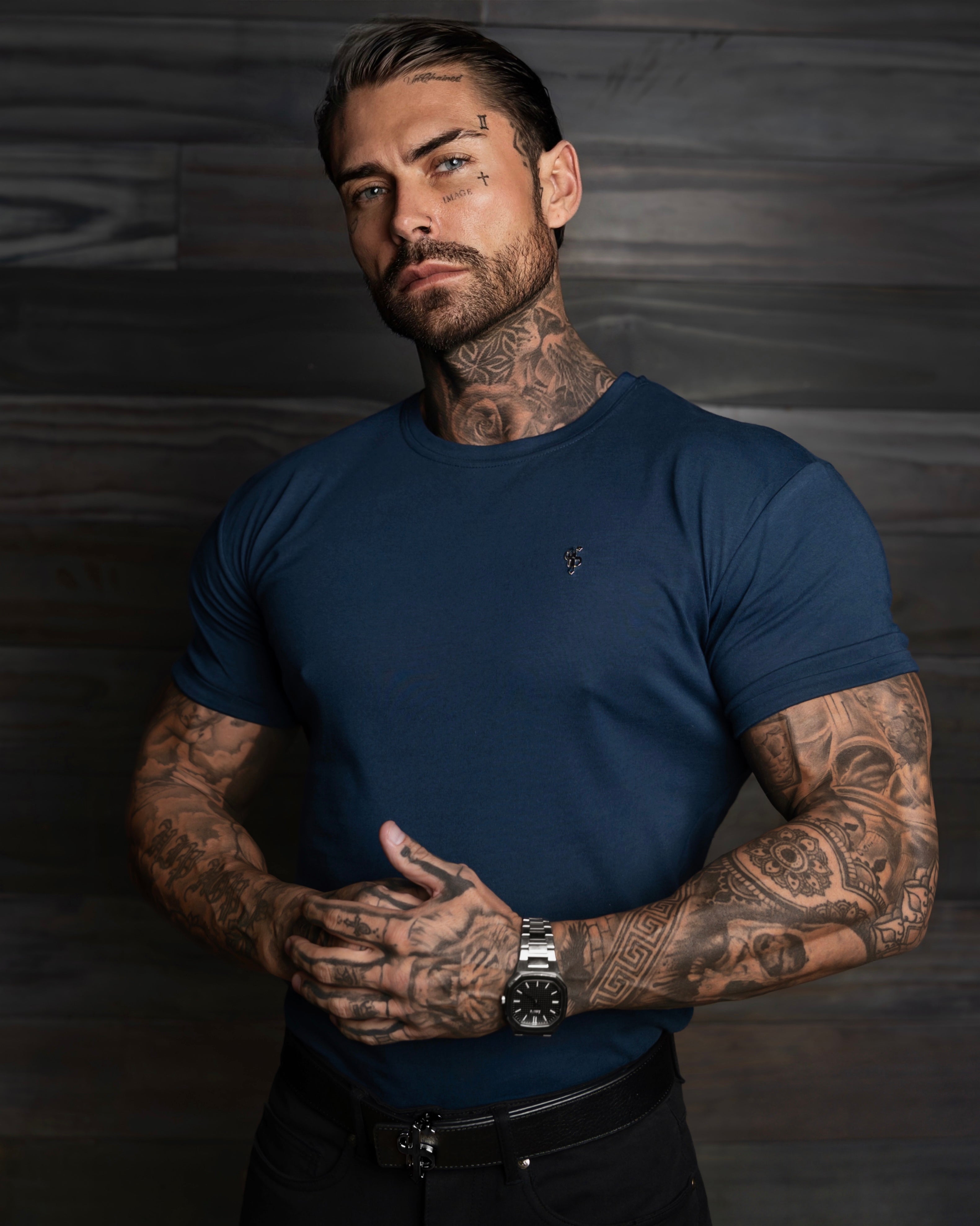 Navy / Silver Crew Tshirt with Silver Metal Emblem Decal FSH1451