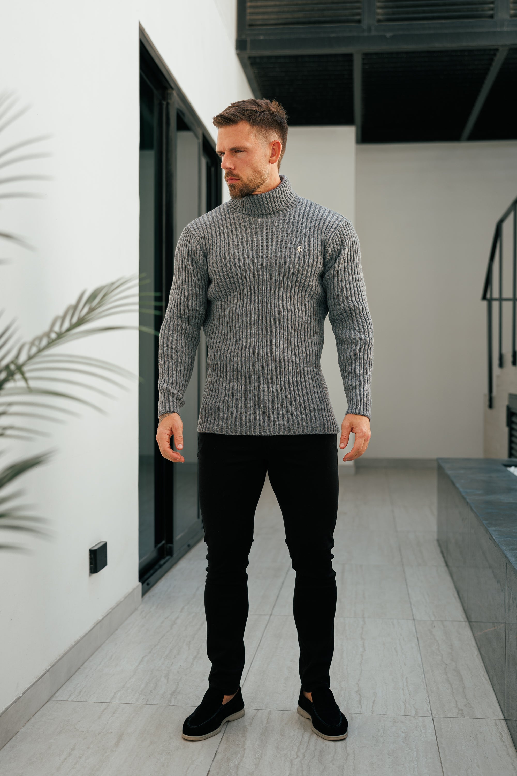 Ribbed Knit Charcoal Roll Neck Jumper - FSJ117