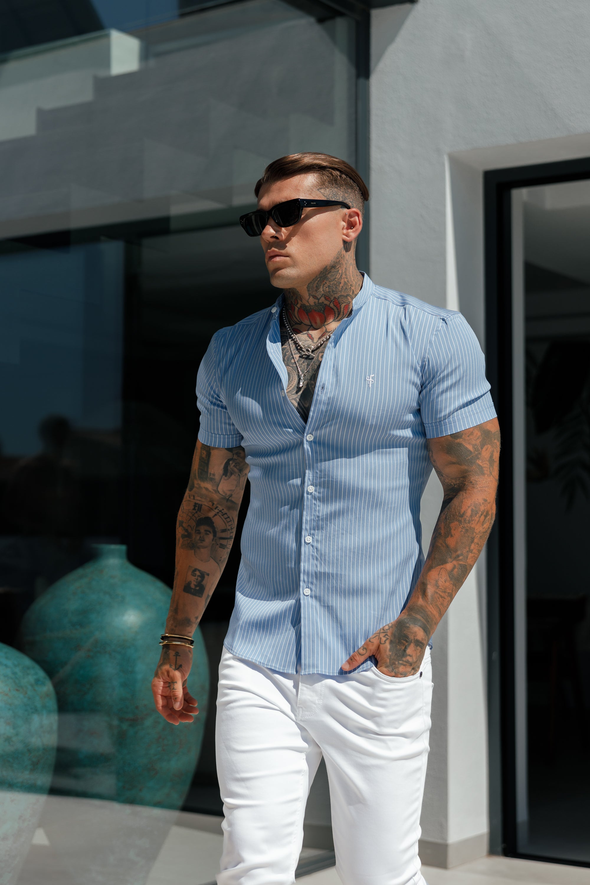 Super Slim Stretch Light Blue Printed Pinstripe Short Sleeve with Grandad Collar - FS1060