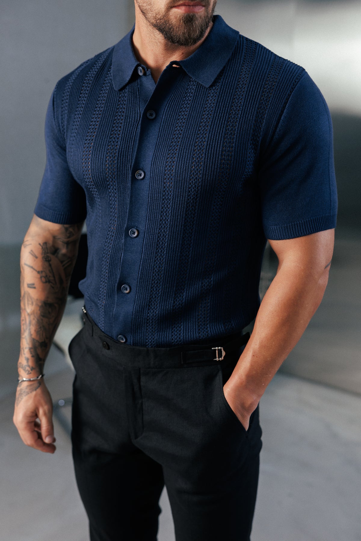 Navy Stripe Perforated Shirt Short Sleeve -  FSA020