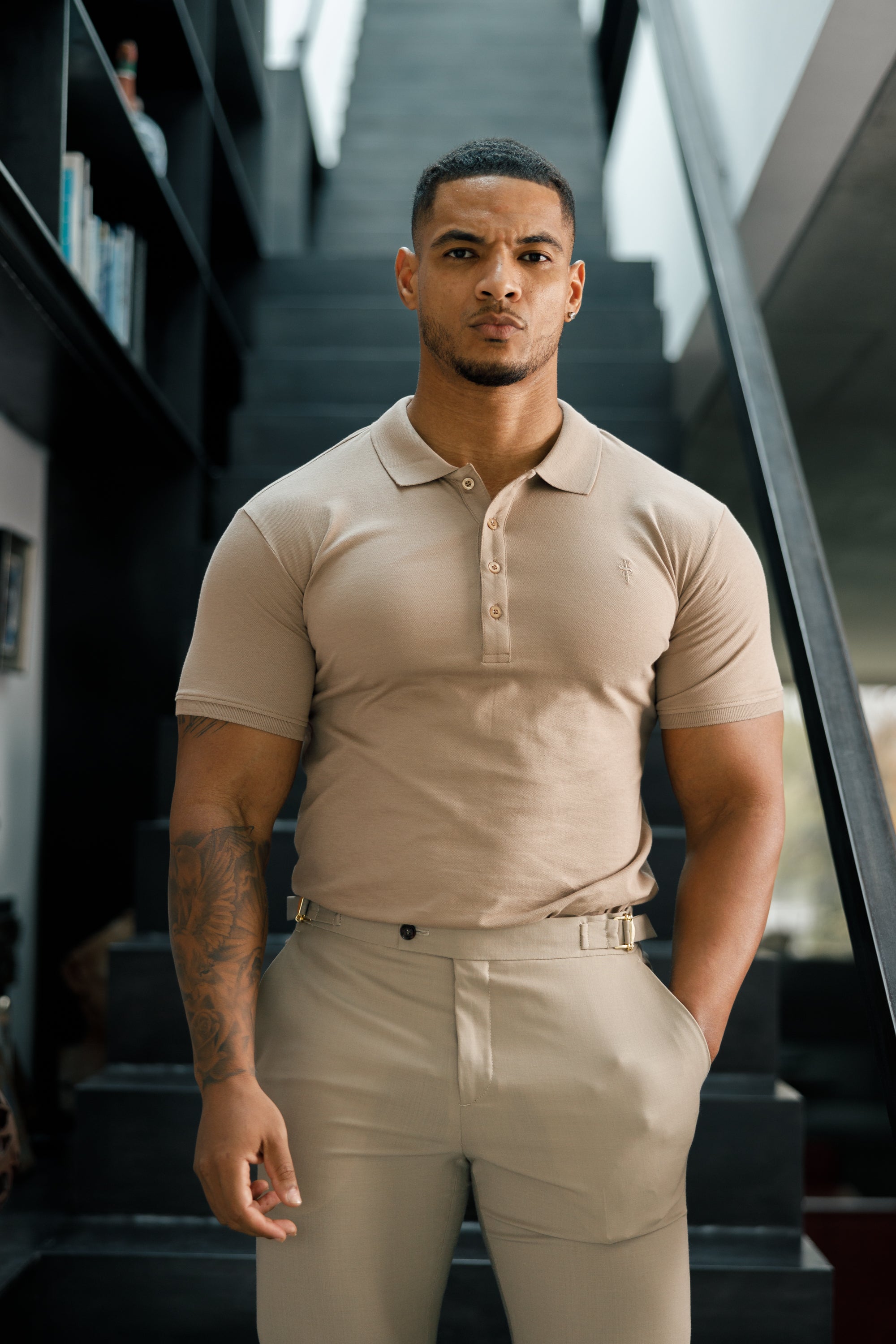 Classic Taupe Polo Shirt with Tonal Button and Embroidery - FSH913