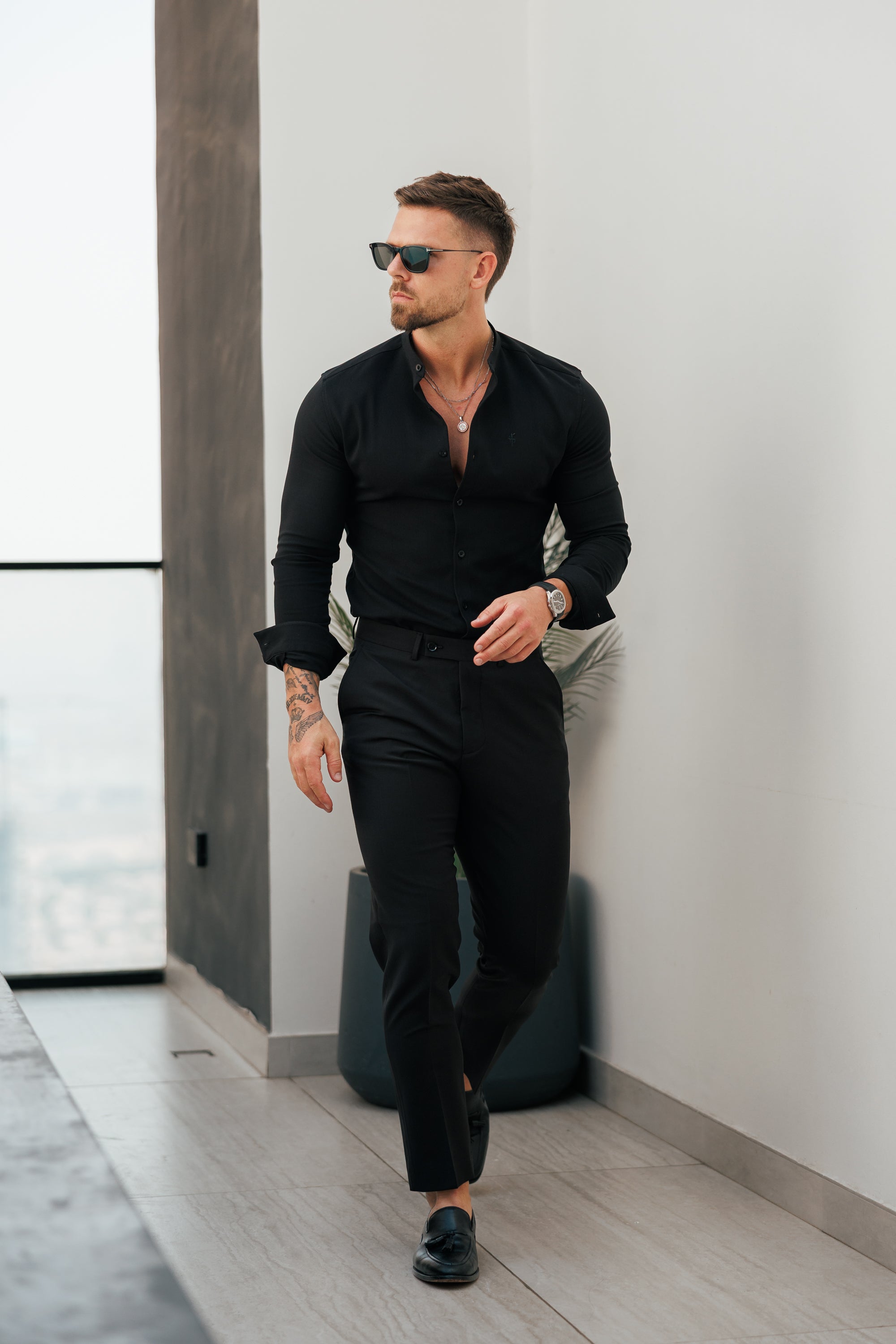 Super Slim Scuba Black Long Sleeve Stretch with Grandad Collar - FS1171