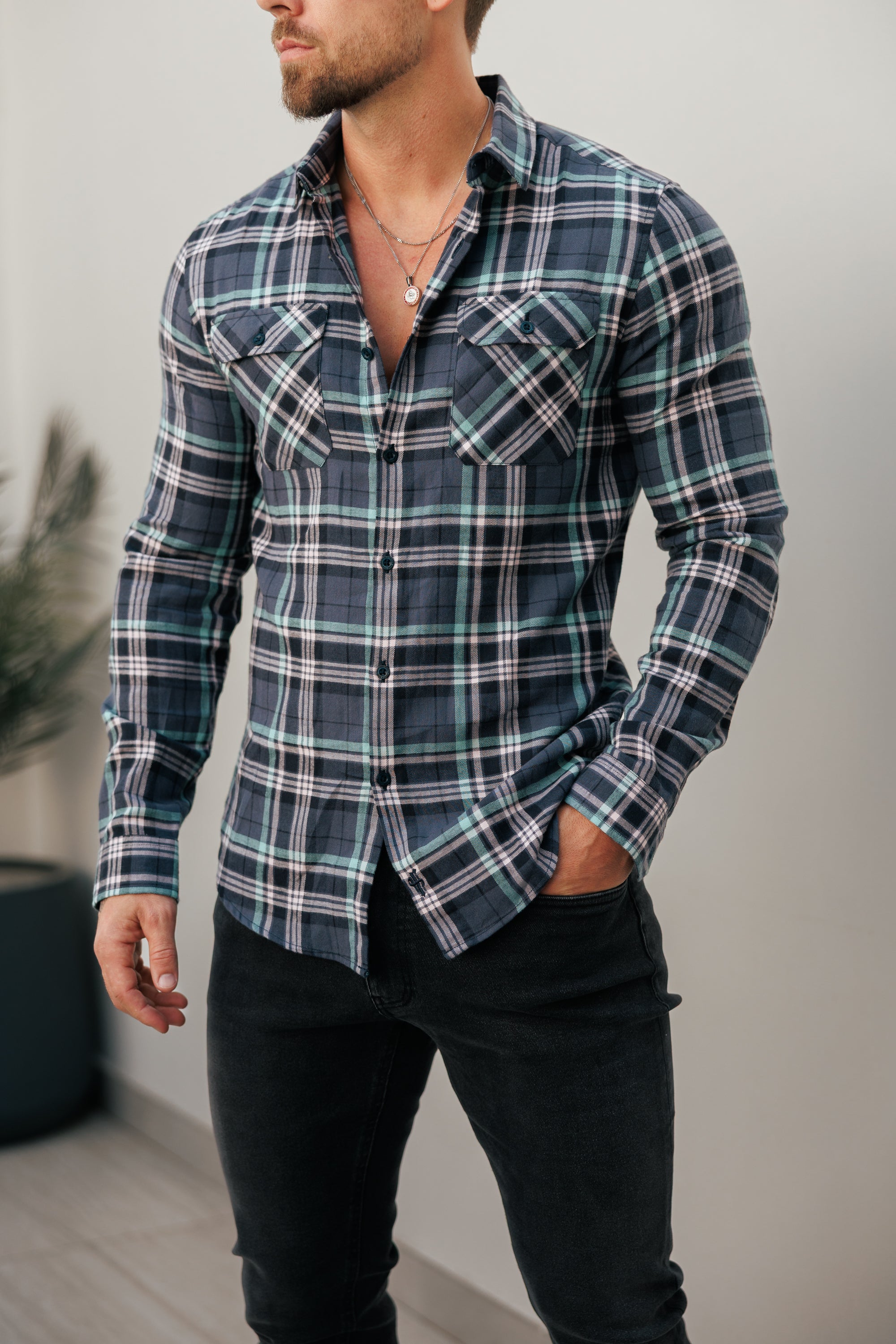 Navy / Green / Pink Check Shacket With Double Pockets - FS1195