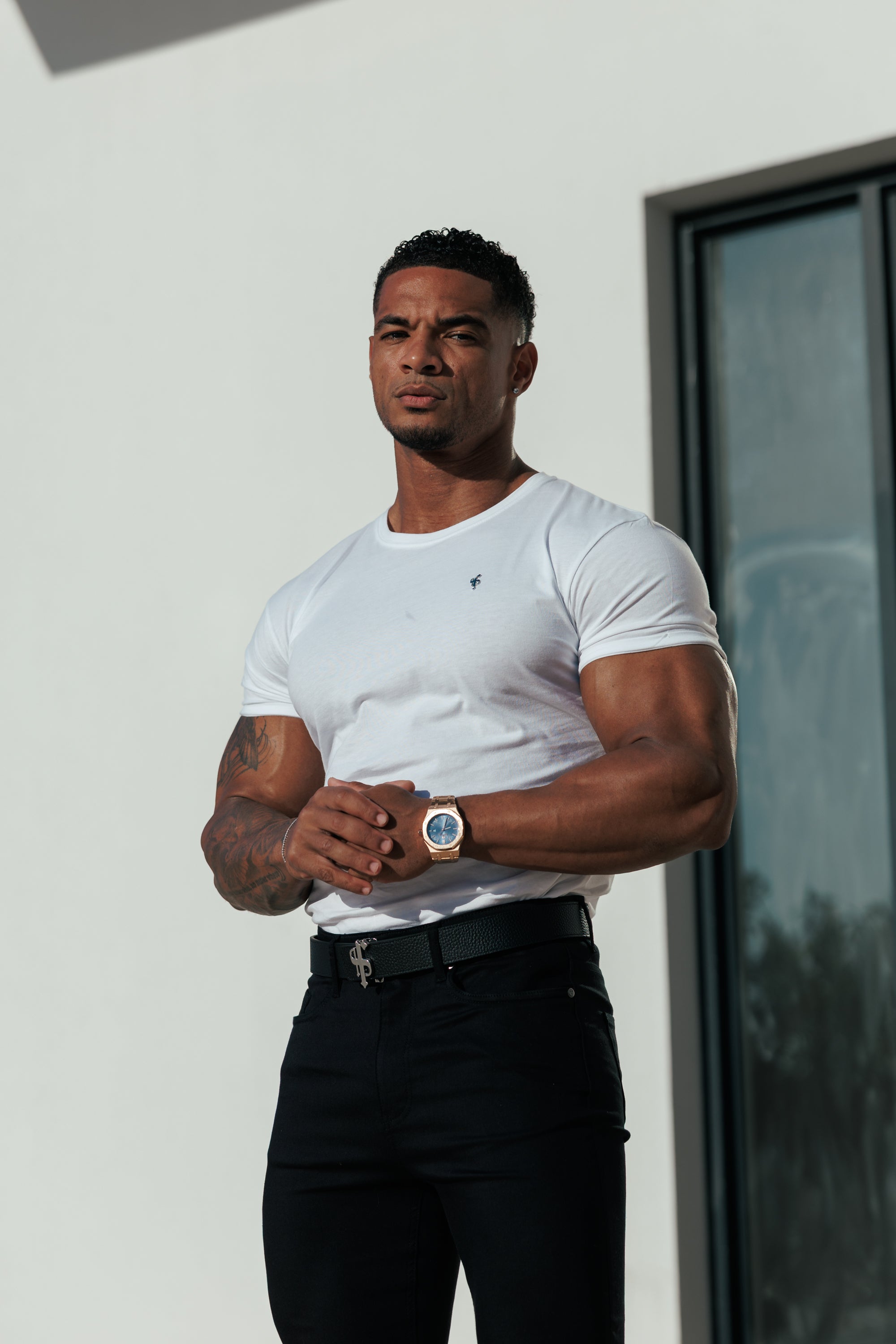 White / Silver Crew T-shirt with Silver Metal Emblem Decal FSH1453