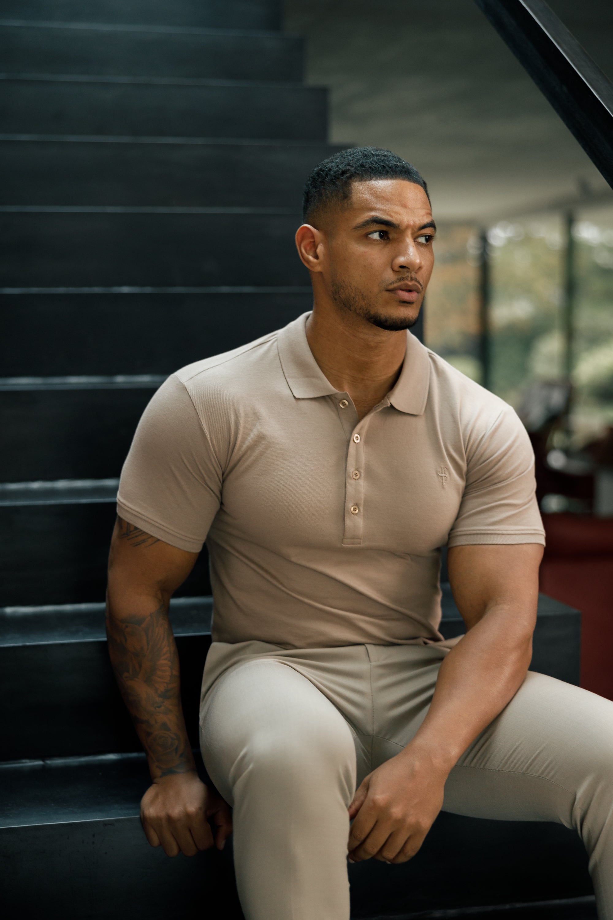 Classic Taupe Polo Shirt with Tonal Button and Embroidery - FSH913