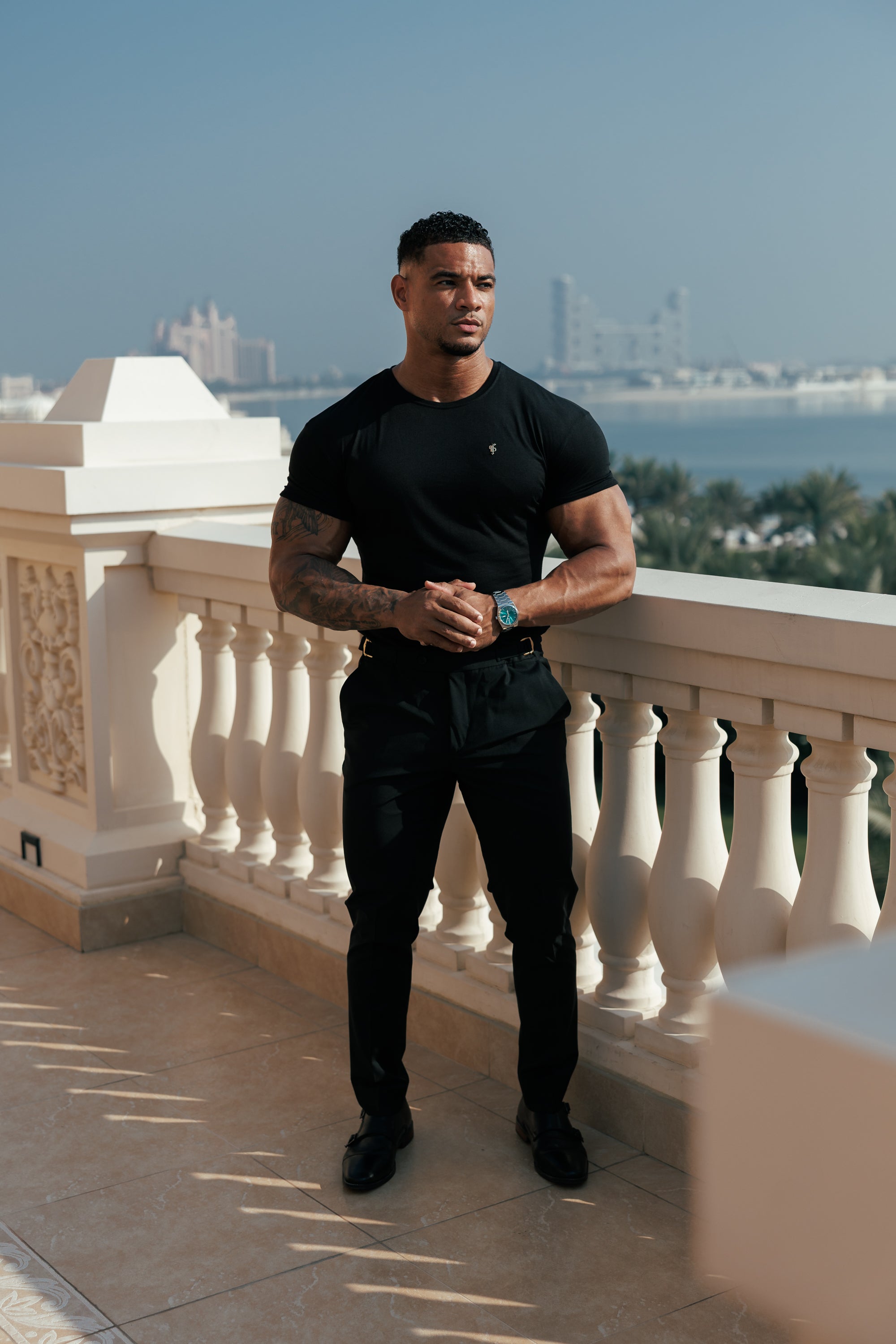 Black Bamboo Crew Tshirt with Gold Metal Emblem Decal FSH1382