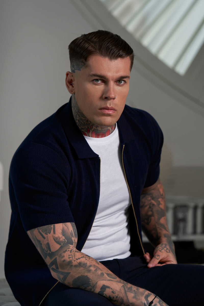 Father Sons Classic Knitted Textured Design With Full Length Zip Navy Short Sleeve - FSN153