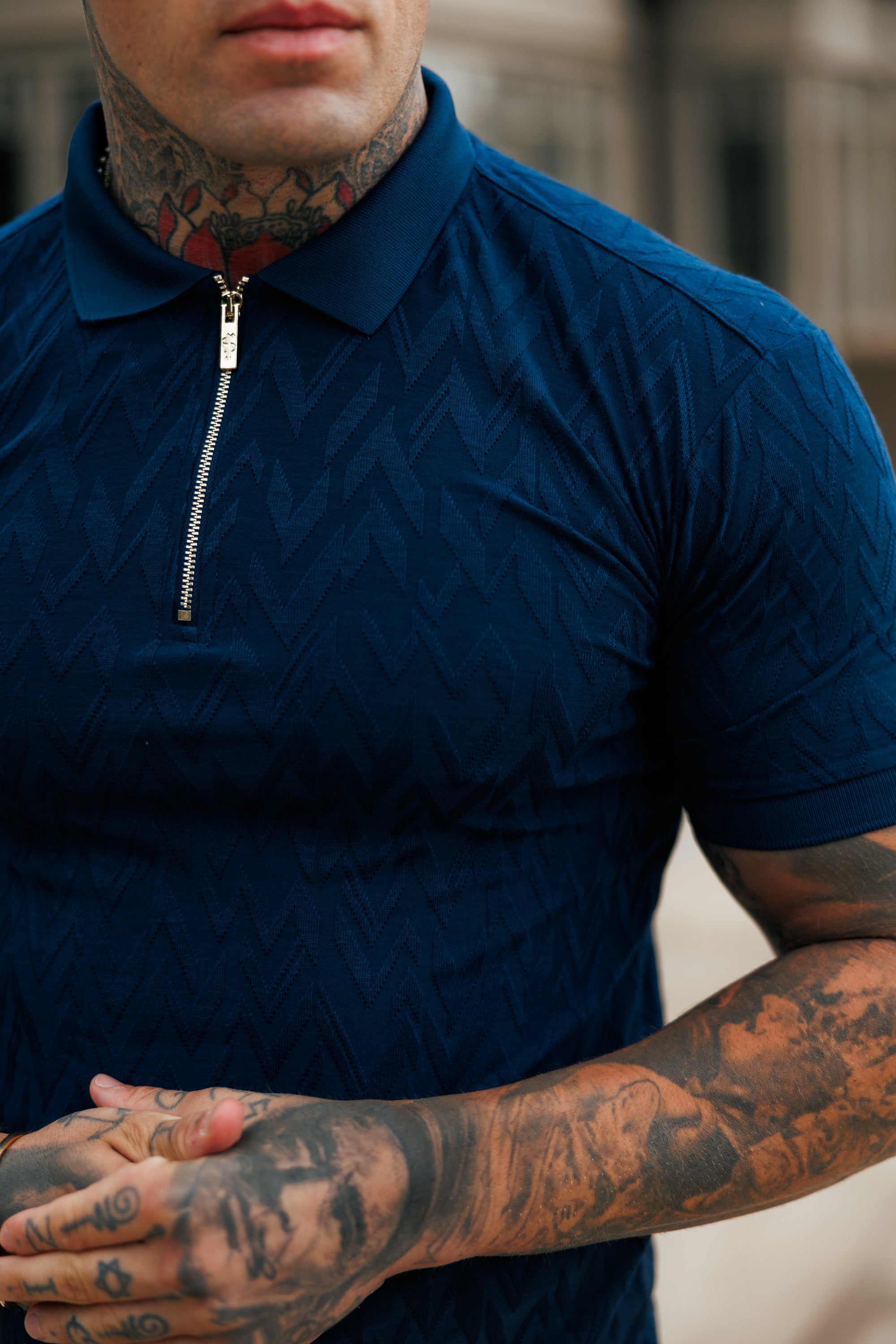 Classic Jacquard Navy Chevron Zipped Polo - FSR021