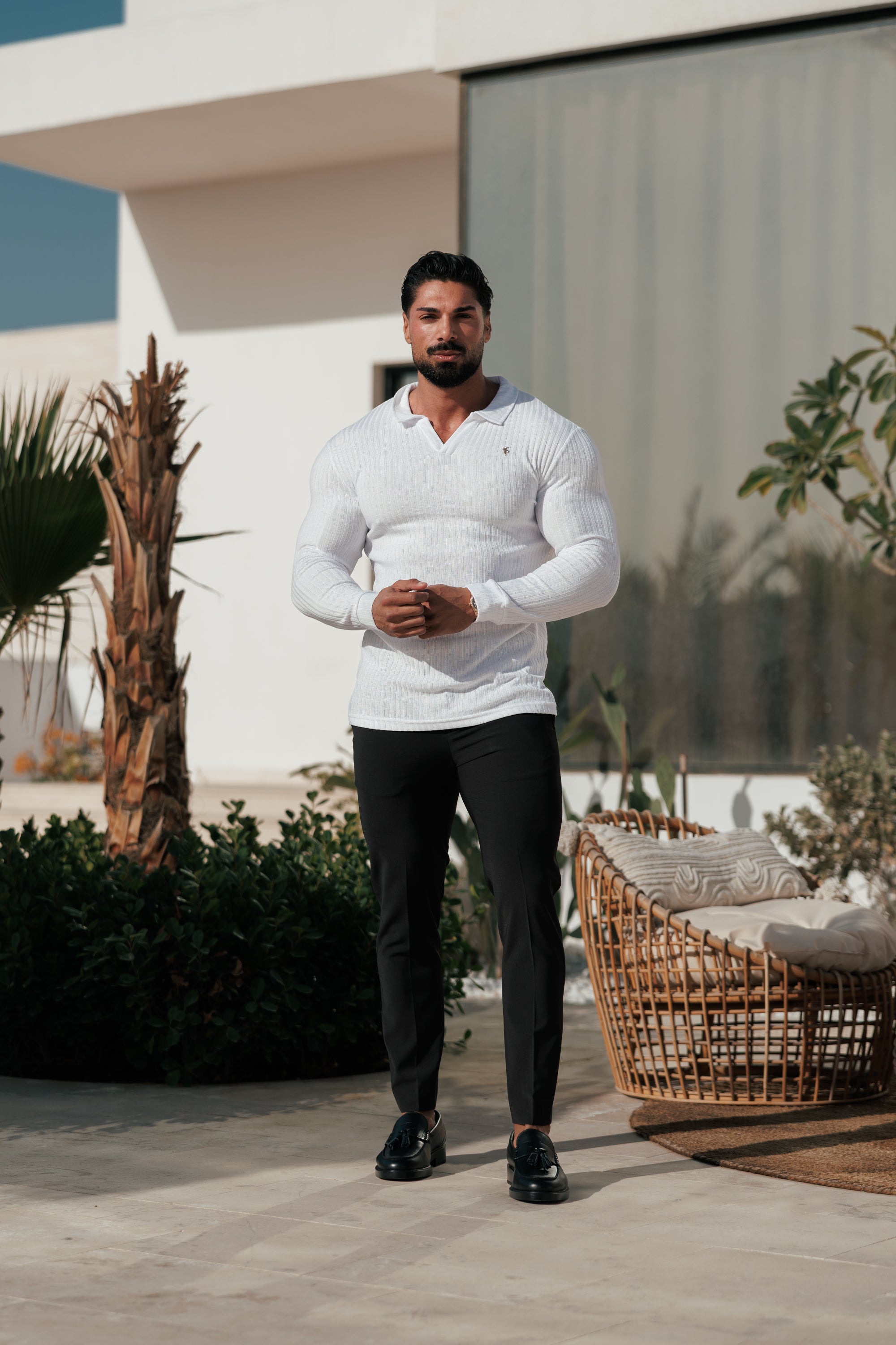 White / Gold Ribbed Revere Polo Shirt Long Sleeve - FSH1431