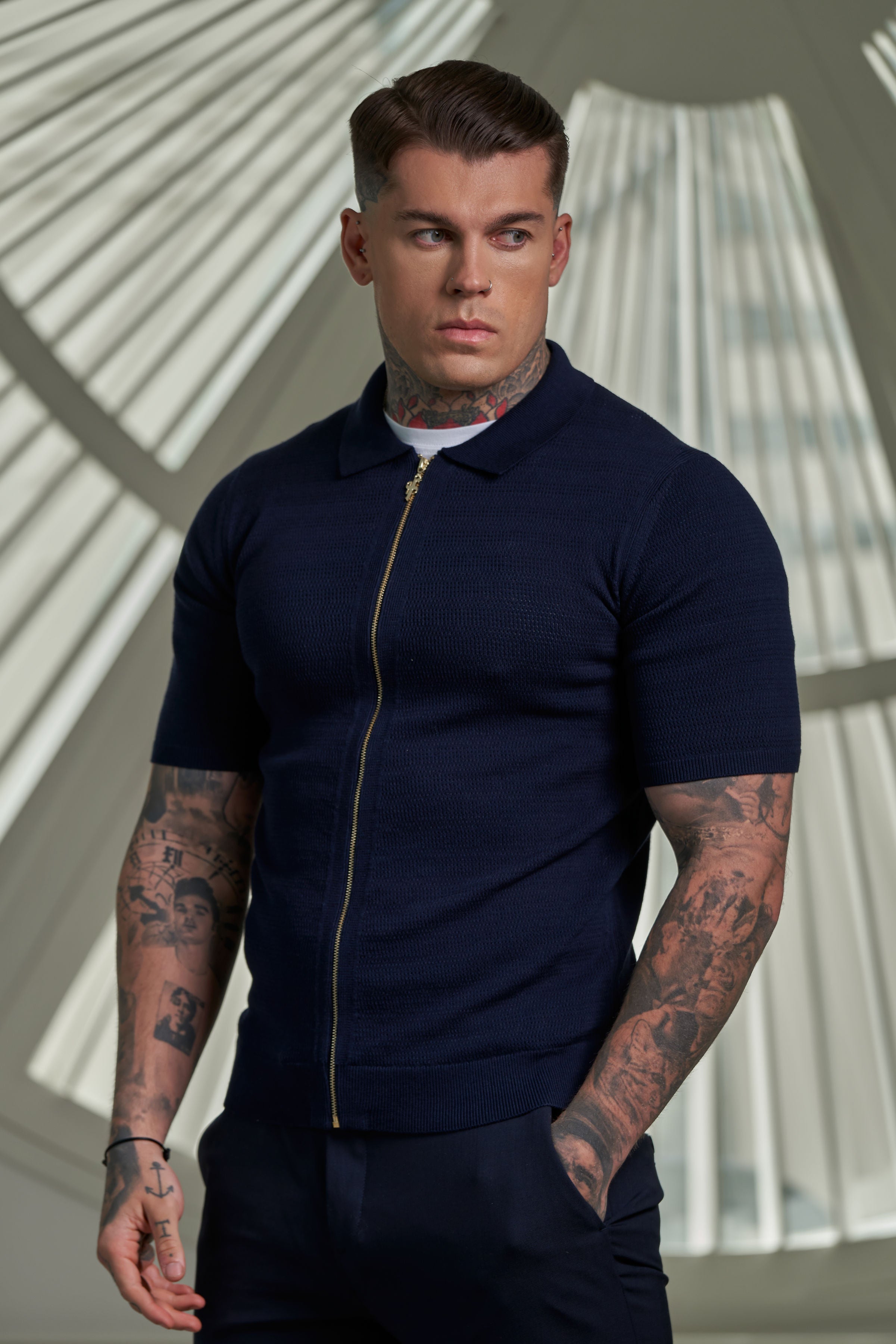 Classic Knitted Textured Design With Full Length Zip Navy Short Sleeve - FSN153