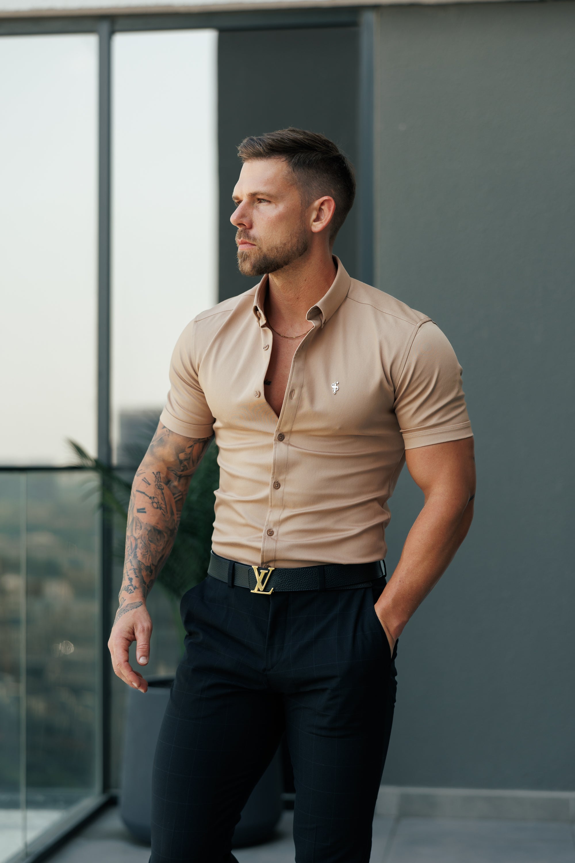 Super Slim Stretch Light Tan Denim Short Sleeve with Button Down Collar - FS1133