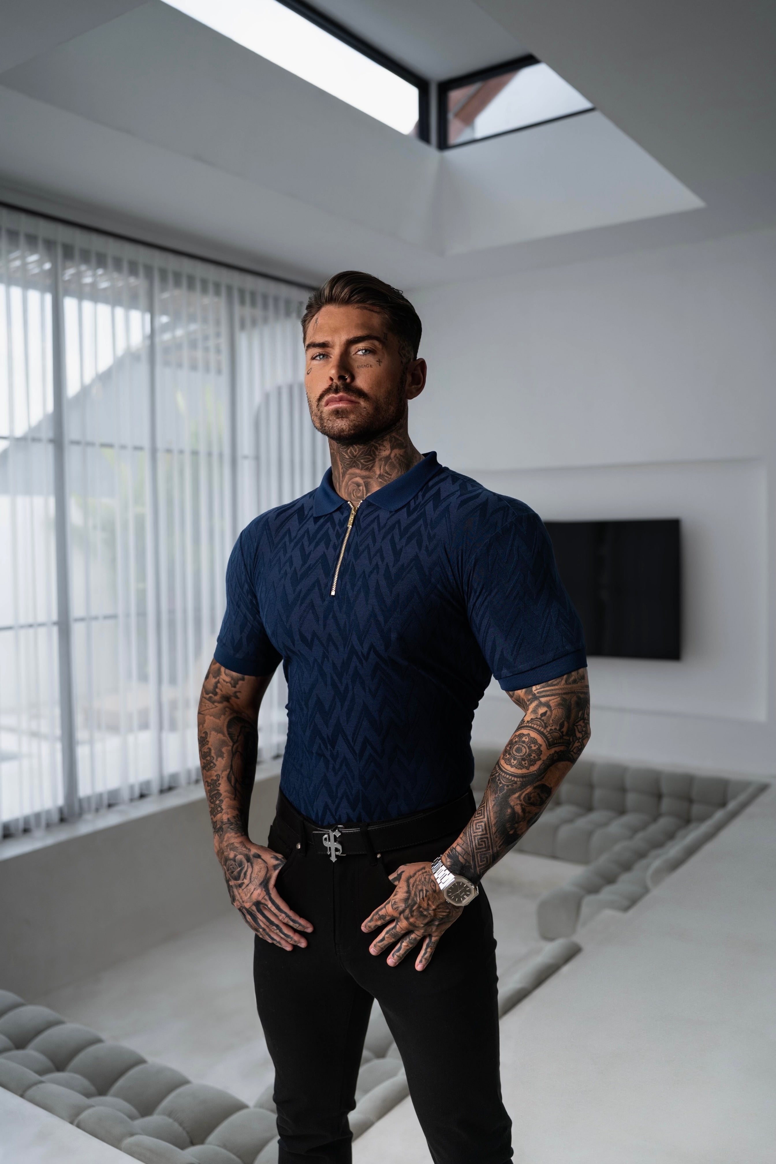 Classic Jacquard Navy Chevron Zipped Polo - FSR021