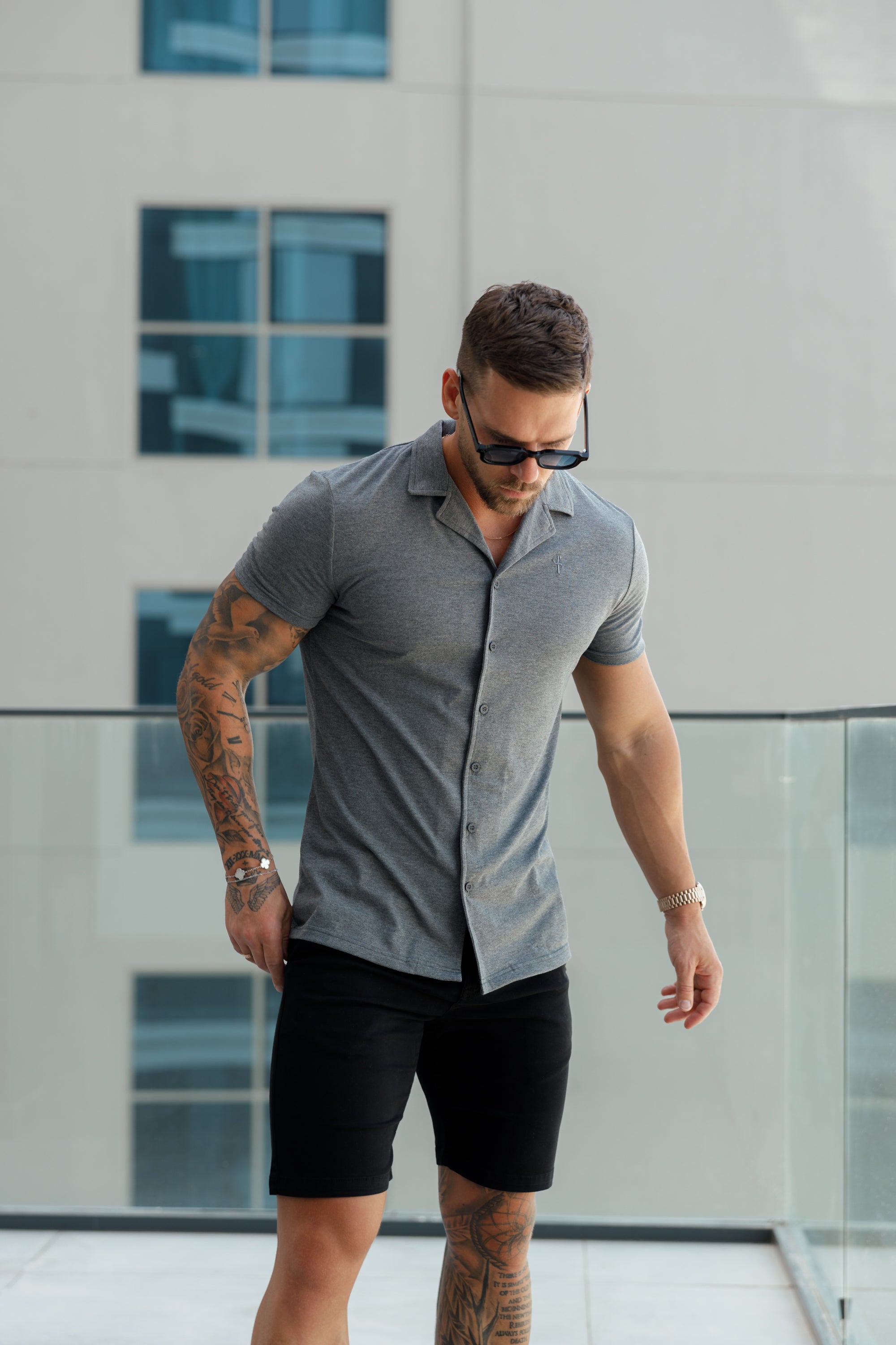 Stretch Dark Grey Pique Revere Shirt Short Sleeve - FSH1073