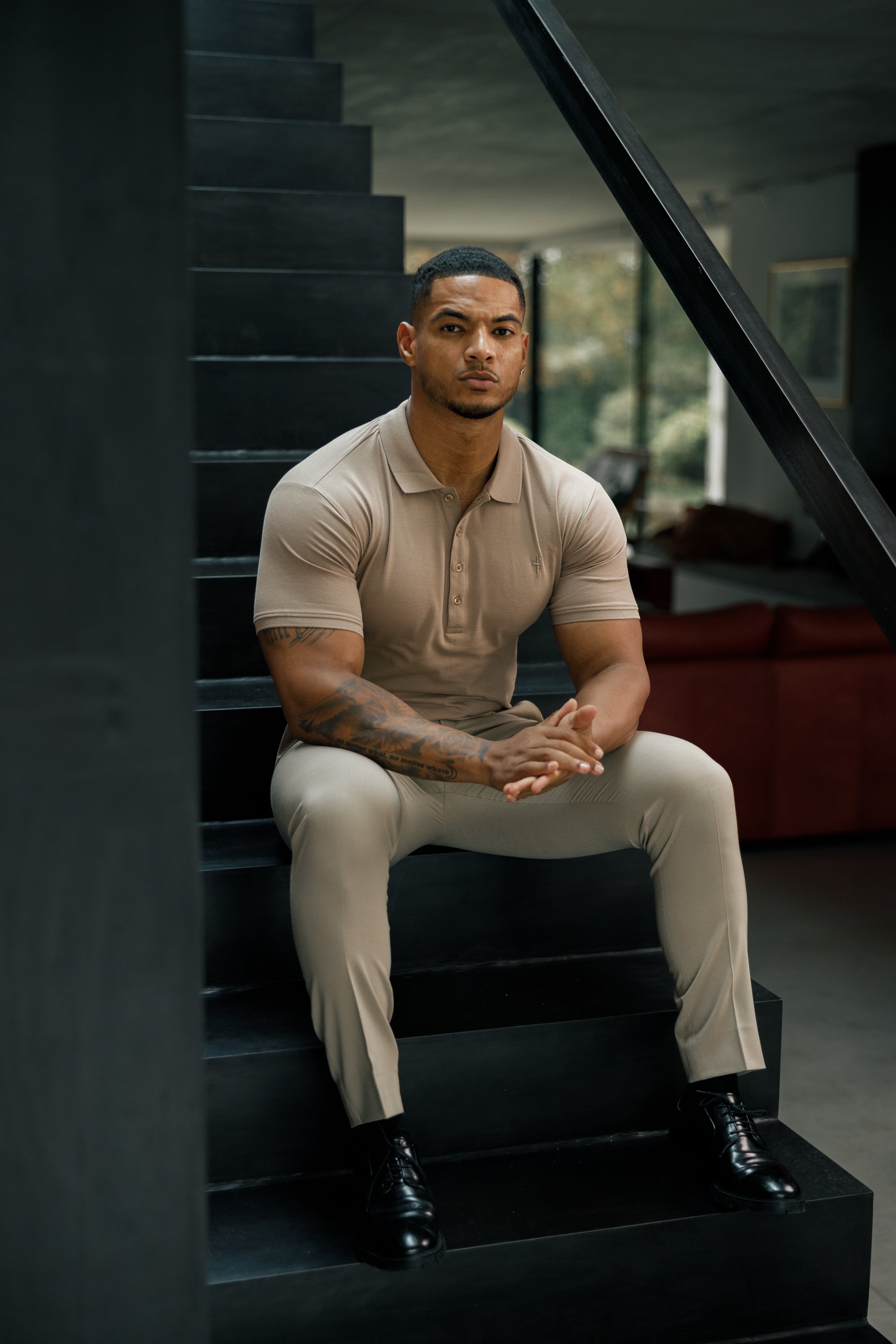 Classic Taupe Polo Shirt with Tonal Button and Embroidery - FSH913