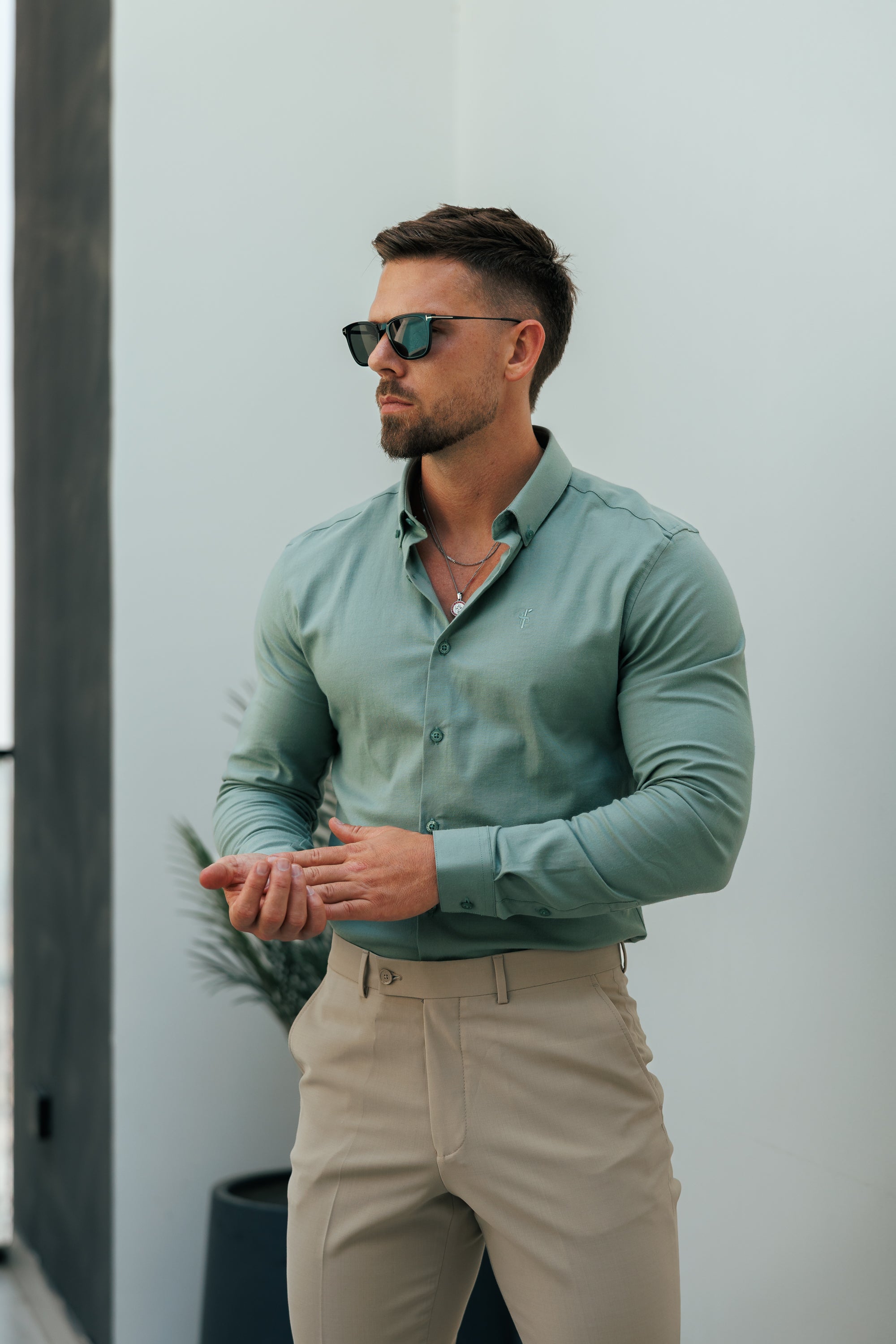 Classic Stretch Oxford Long Sleeve Smoke Green with Button Down Collar - FS1217