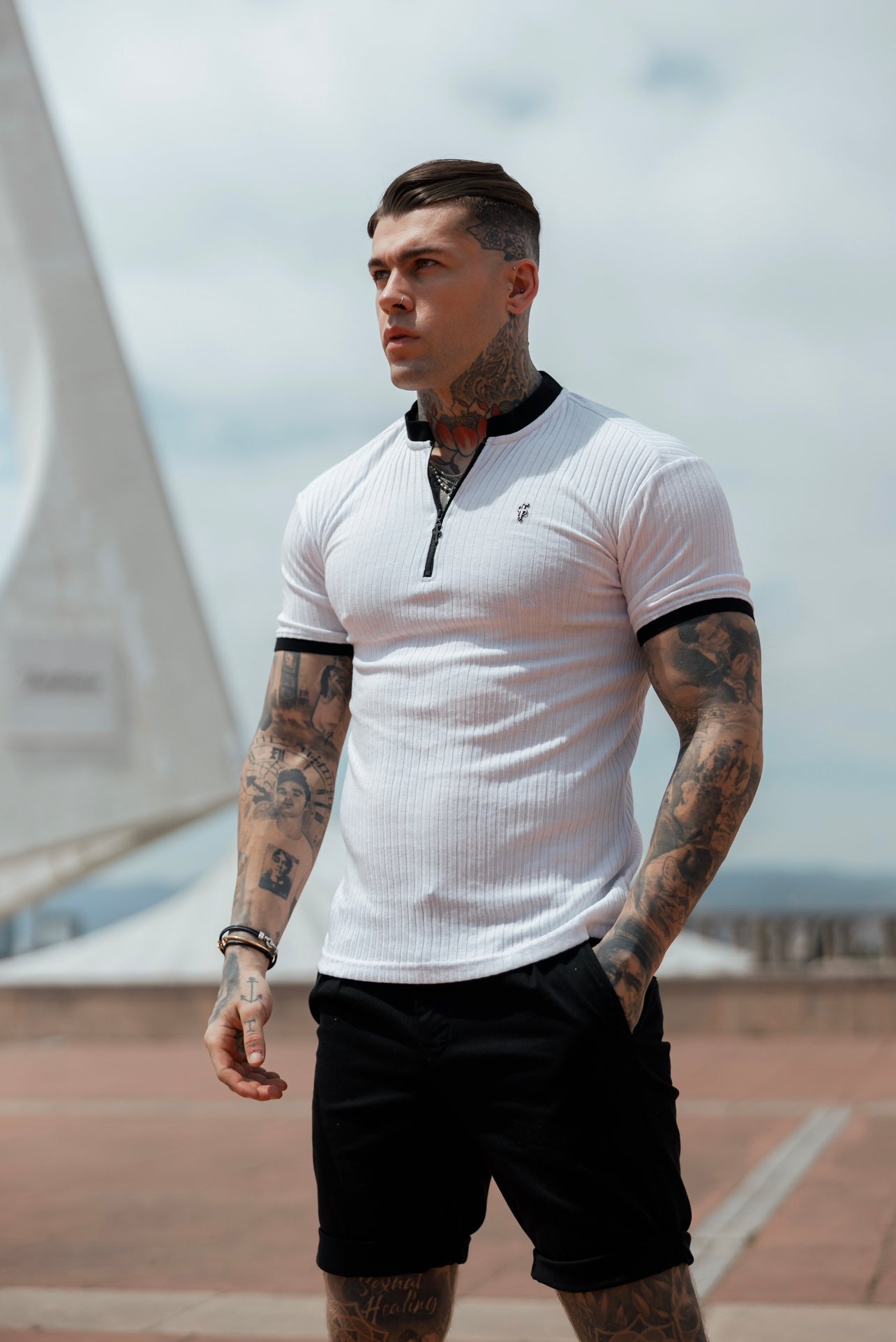 Classic White / Black Ribbed Zip Grandad Collar Shirt Short Sleeve - FSH815