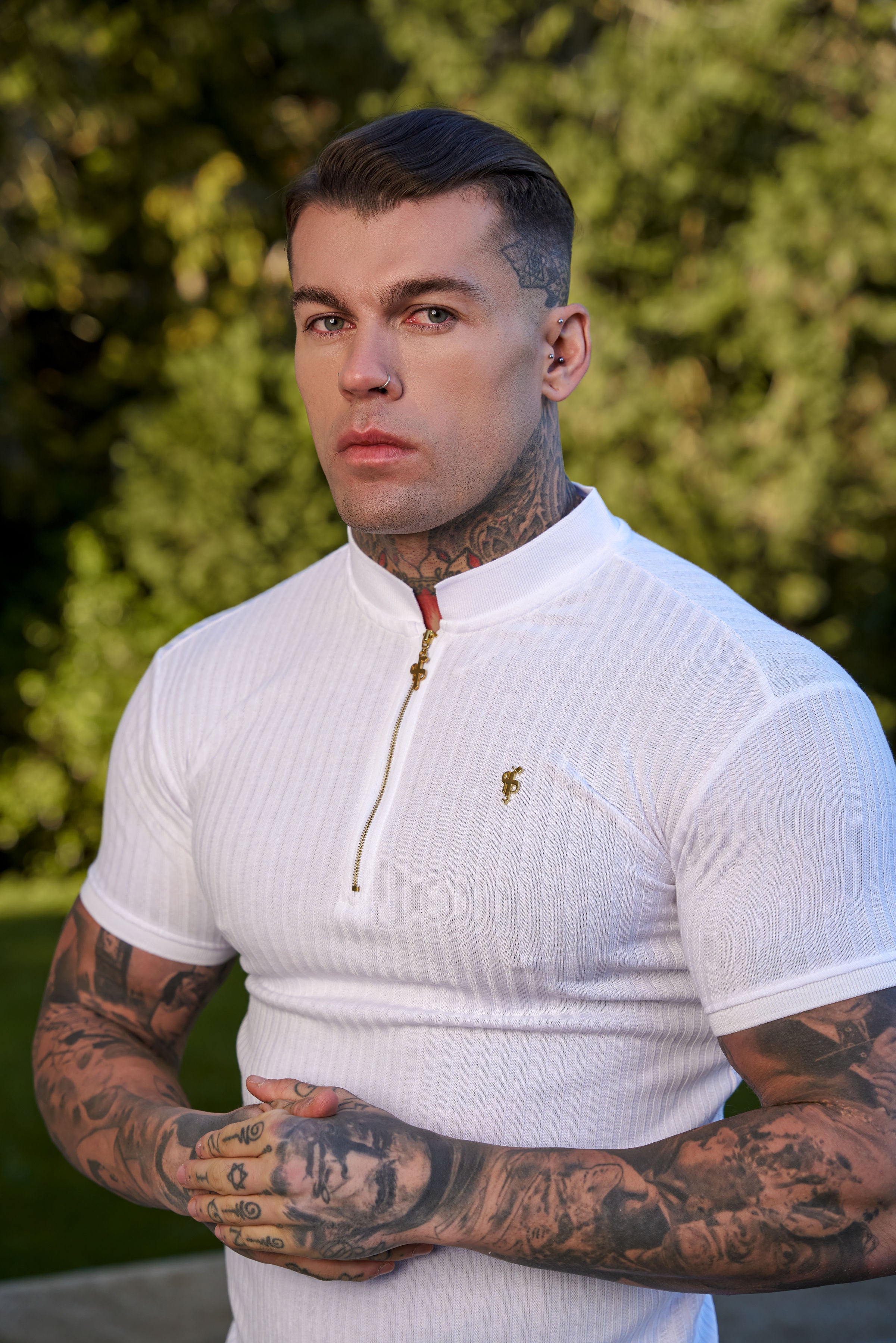 Classic White / White Ribbed Gold Zip Grandad Collar Shirt Short Sleeve - FSH915