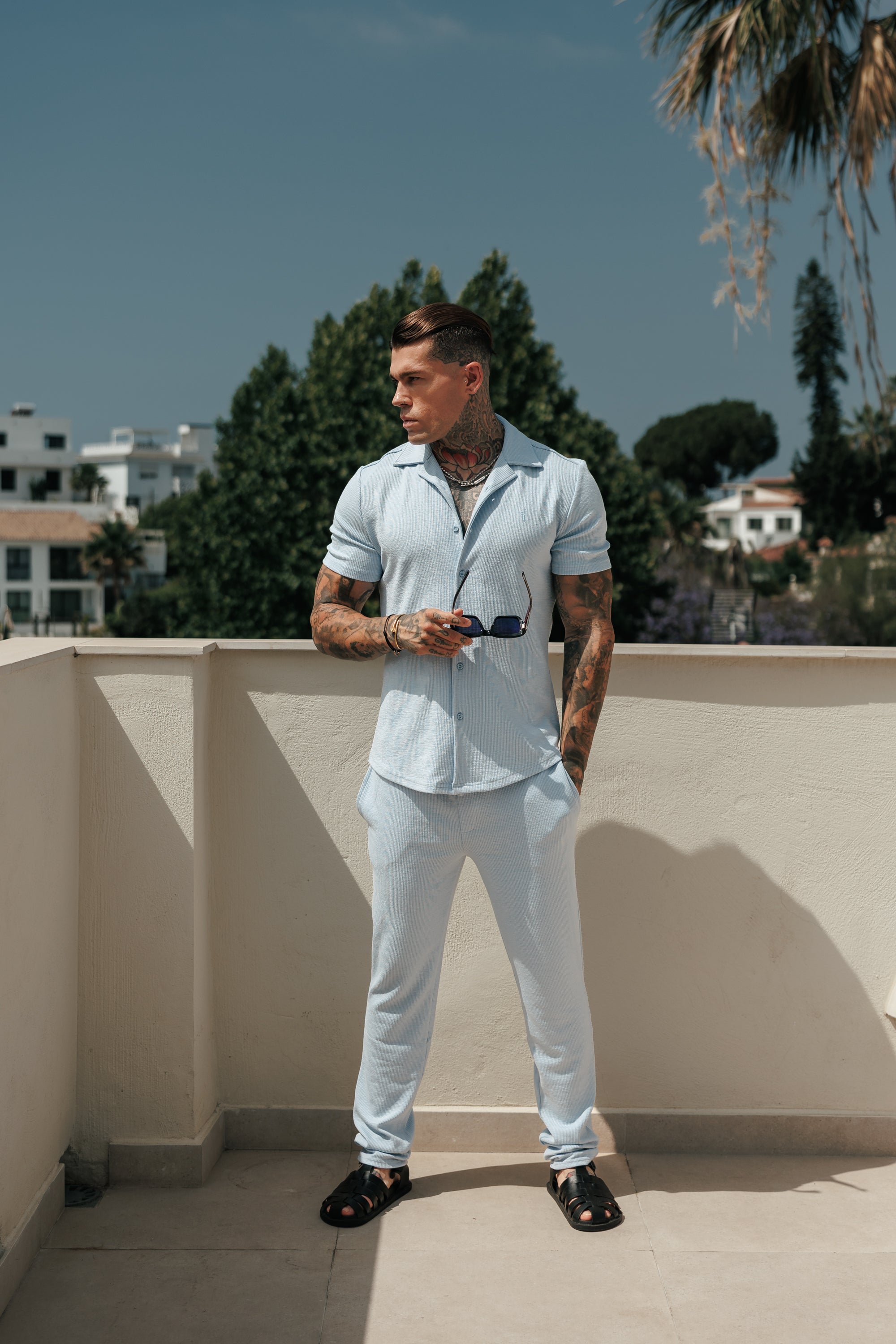 Jersey Cord Stretch Light Blue Revere Shirt Short Sleeve - FSR074 (PRE ORDER 18TH JULY)