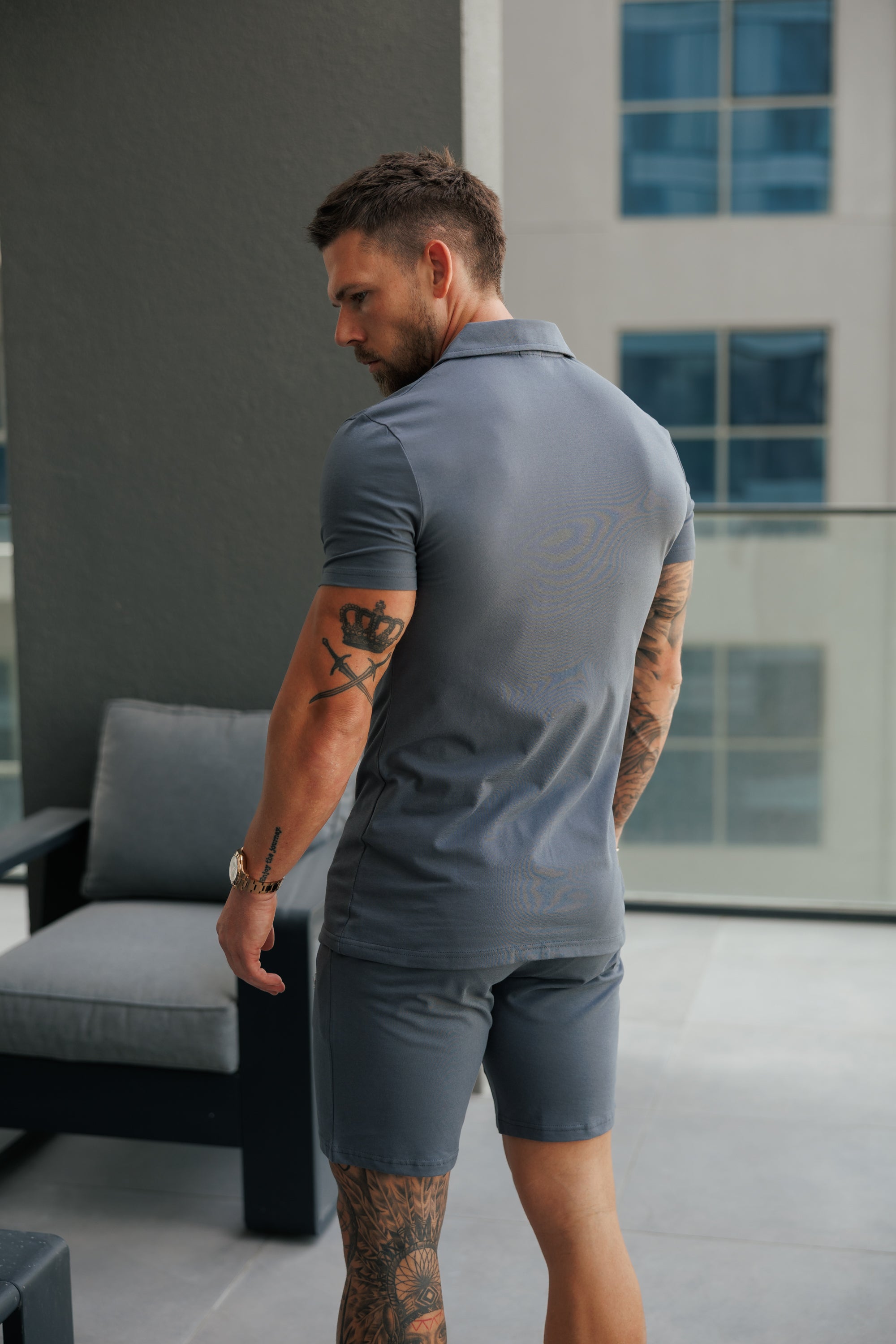 Stretch Charcoal / Silver Pique Revere Shirt Short Sleeve - FSH1358
