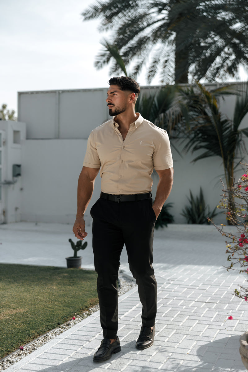 Father Sons Super Slim Stretch Plain Beige Short Sleeve With Button Down Collar - FS982