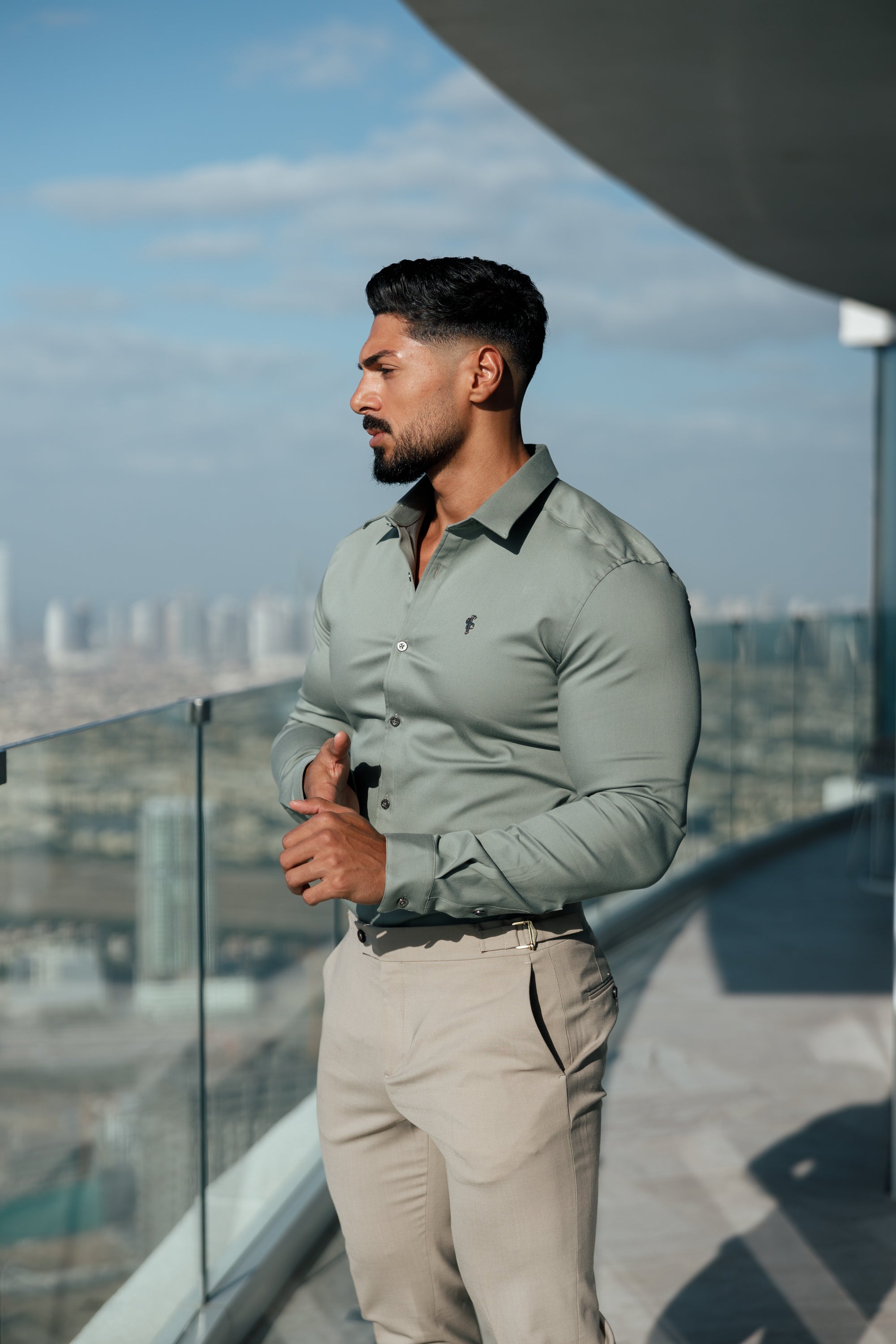 Super Slim Stretch Sage Green Denim Long Sleeve With Metal Buttons and Decal - FS1020