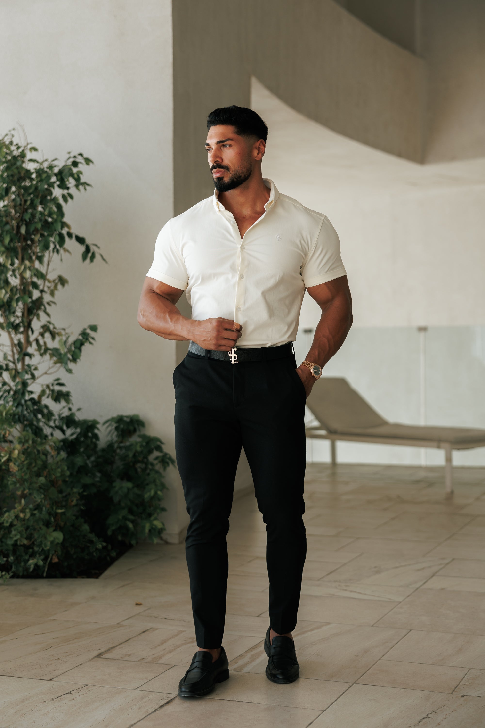 Super Slim Cream SS With Button Down Collar Short Sleeve - FS1099