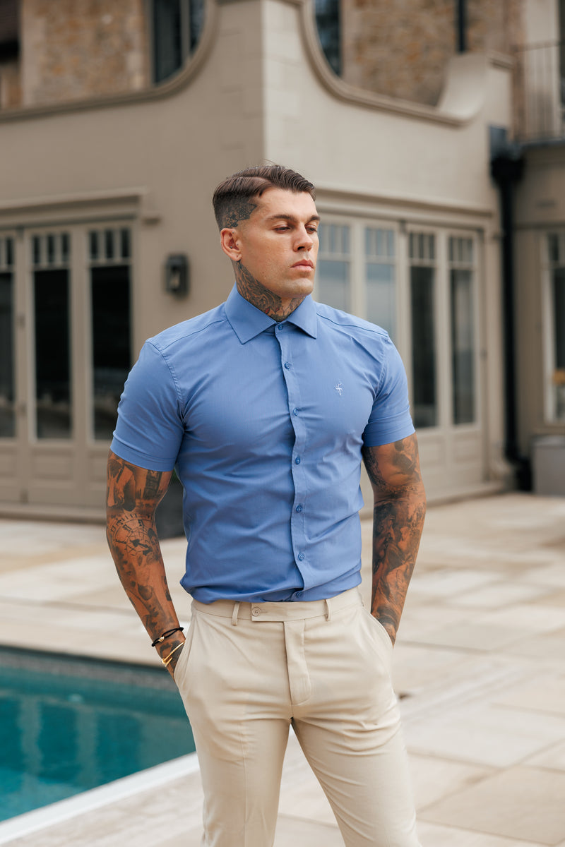 Father Sons Muscle Fit Advanced Stretch Mid Blue Short Sleeve with Cutaway Collar - FS1203