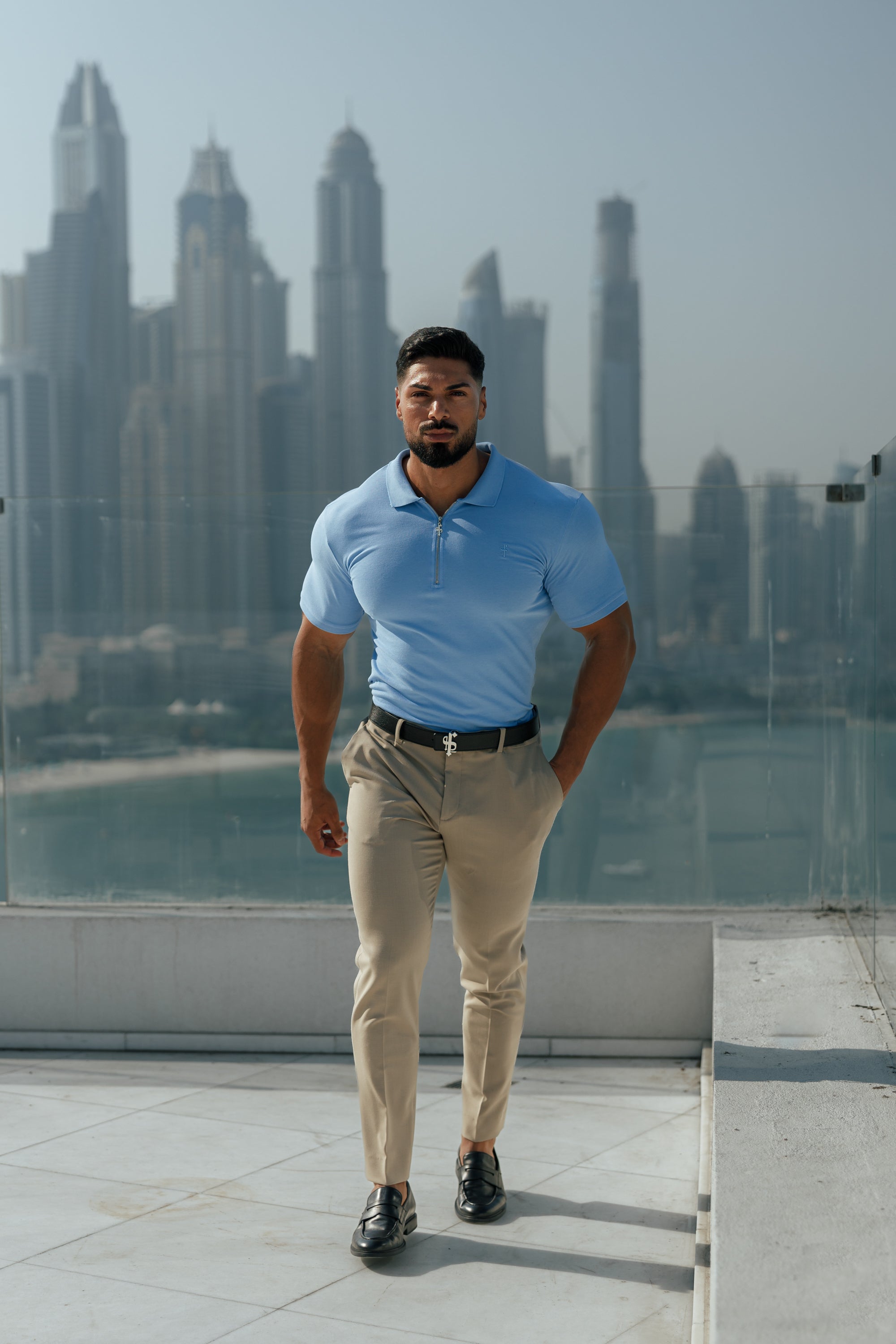 Classic Light Blue and Silver Zipped Polo Shirt - FSH856