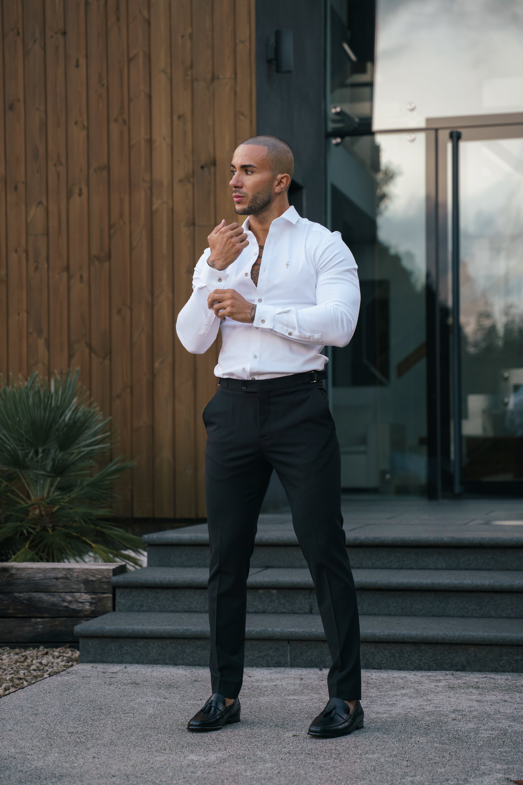 Super Slim Stretch White Denim Long Sleeve with Silver Metal Decal and Buttons - FS1111