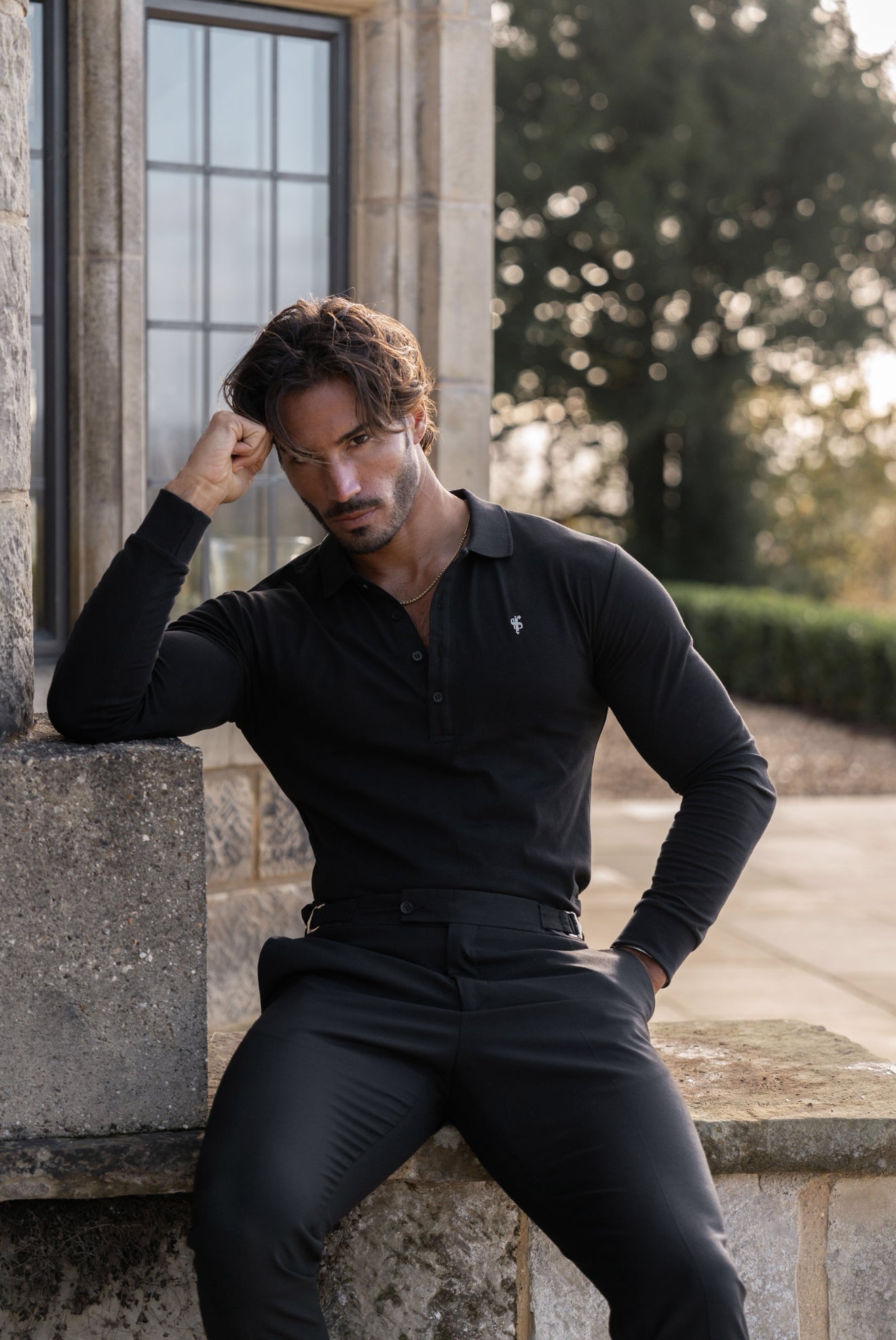 Black / Silver Polo Shirt Long Sleeve - FSH1396