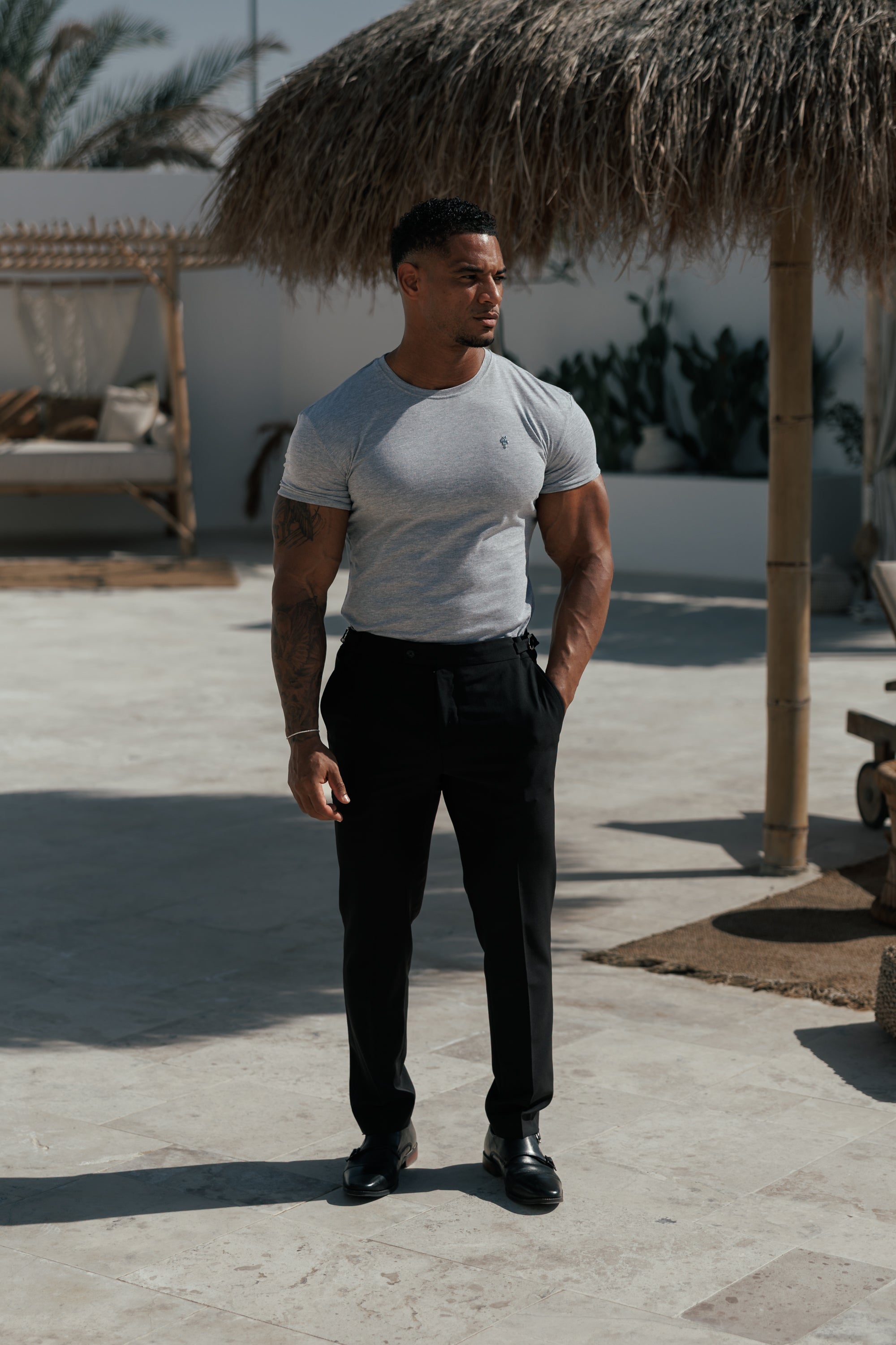 Light Grey Crew Neck Tshirt with Silver Metal Emblem Decal - FSH1452