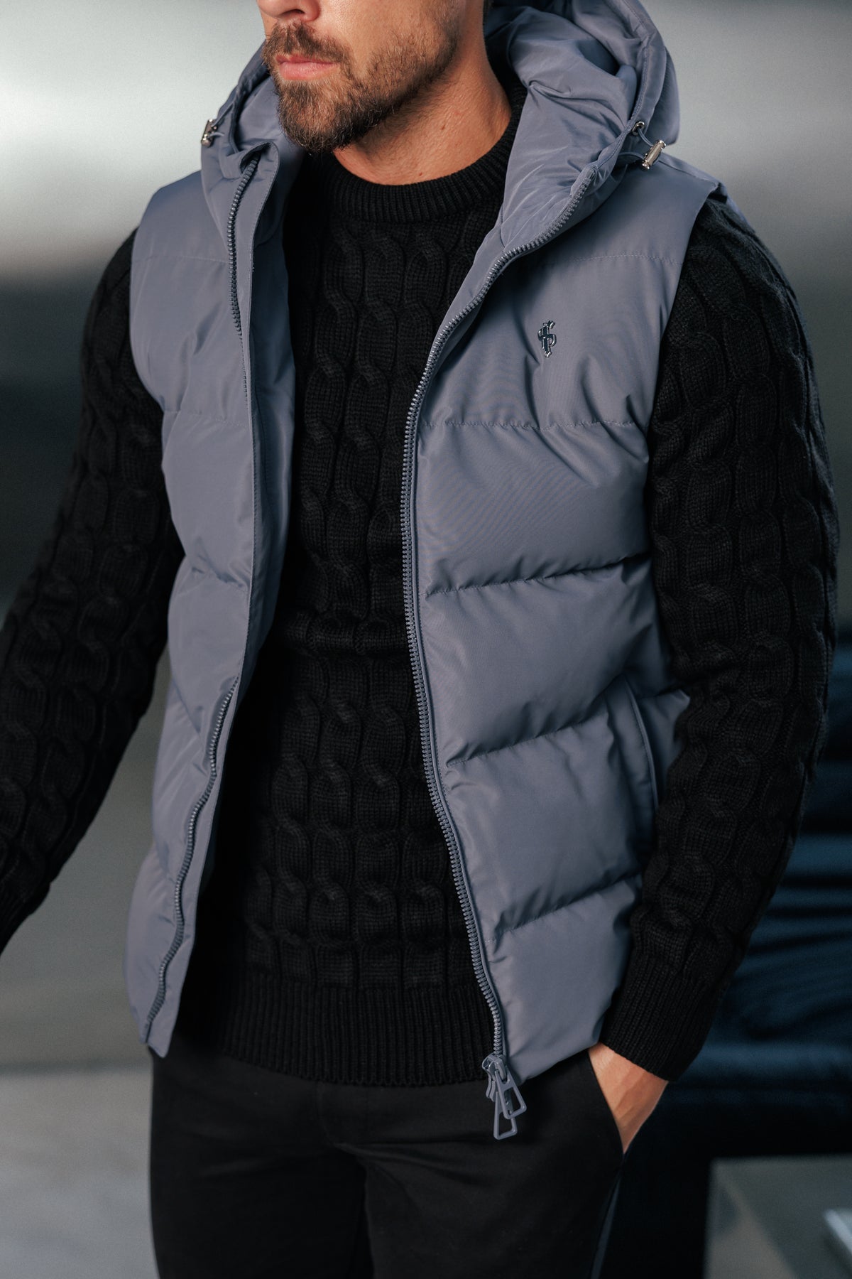 Charcoal Padded Hooded Gilet - FSN241