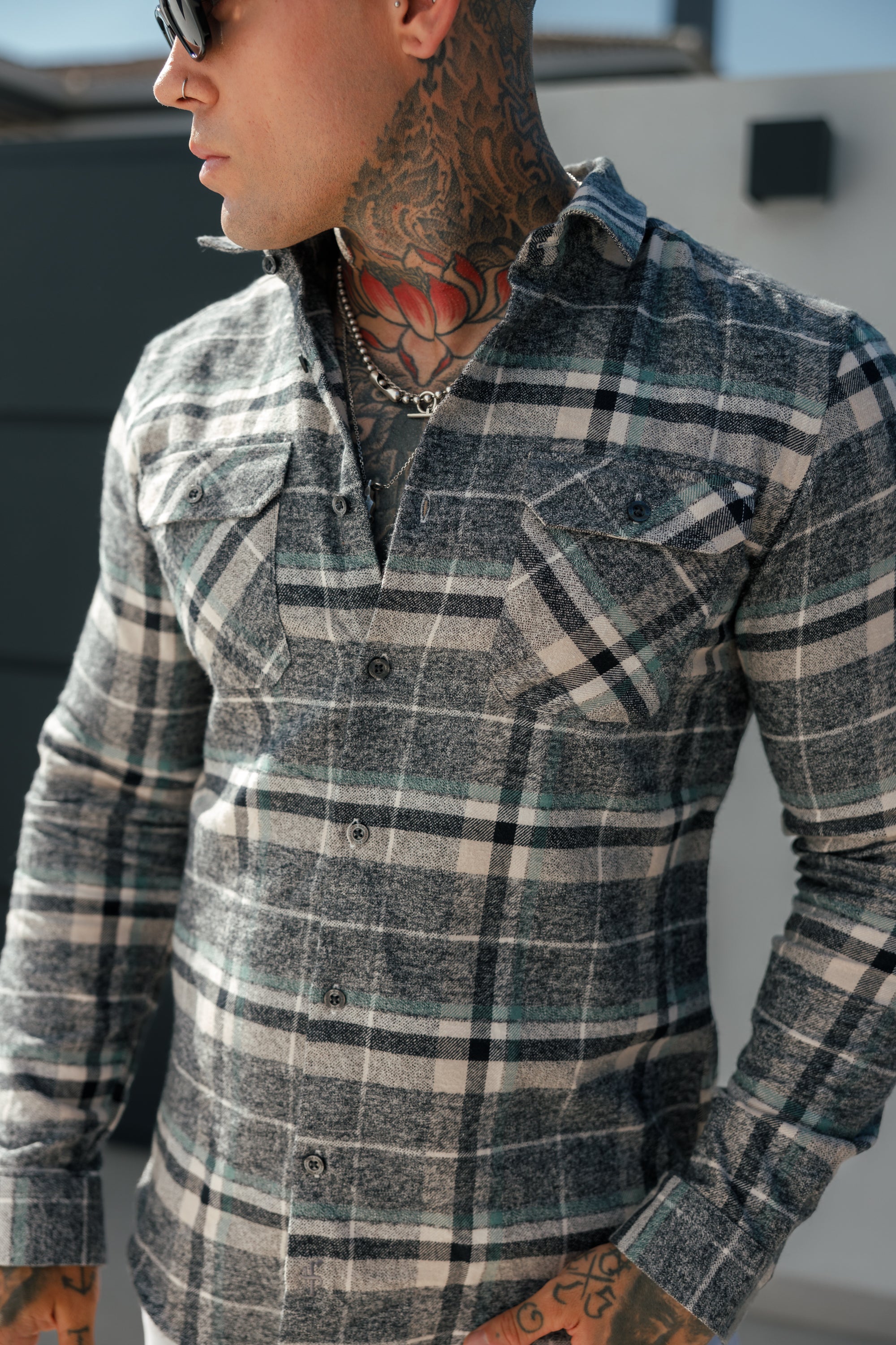 Sage / Grey Check Shacket With Double Pockets - FS1075