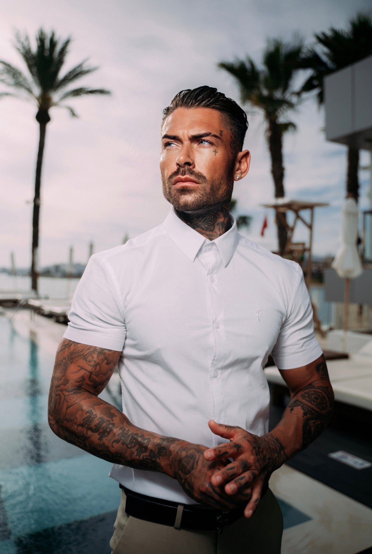 Super Slim Stretch White Tonal Buttons and Embroidery Short Sleeve - FS889