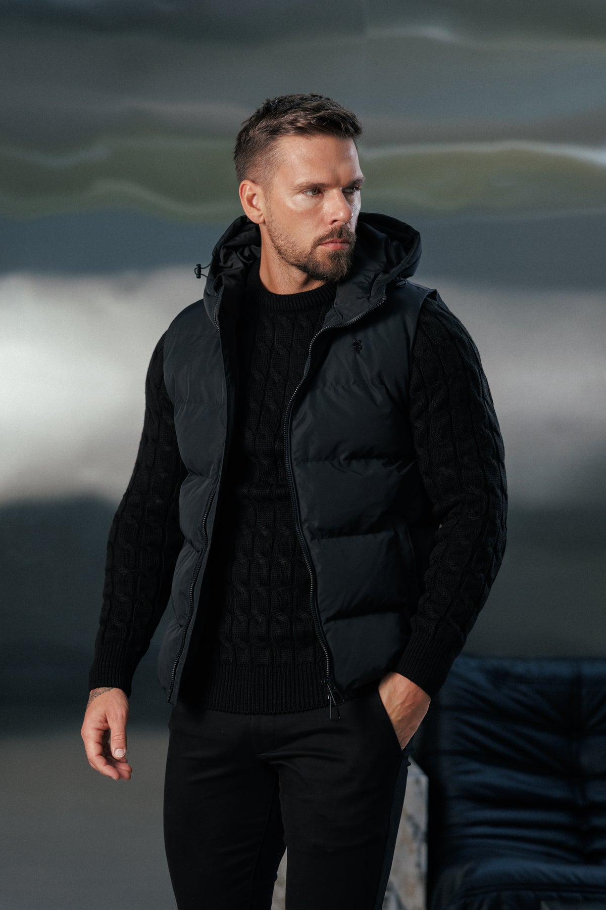 Black Padded Hooded Gilet - FSN235
