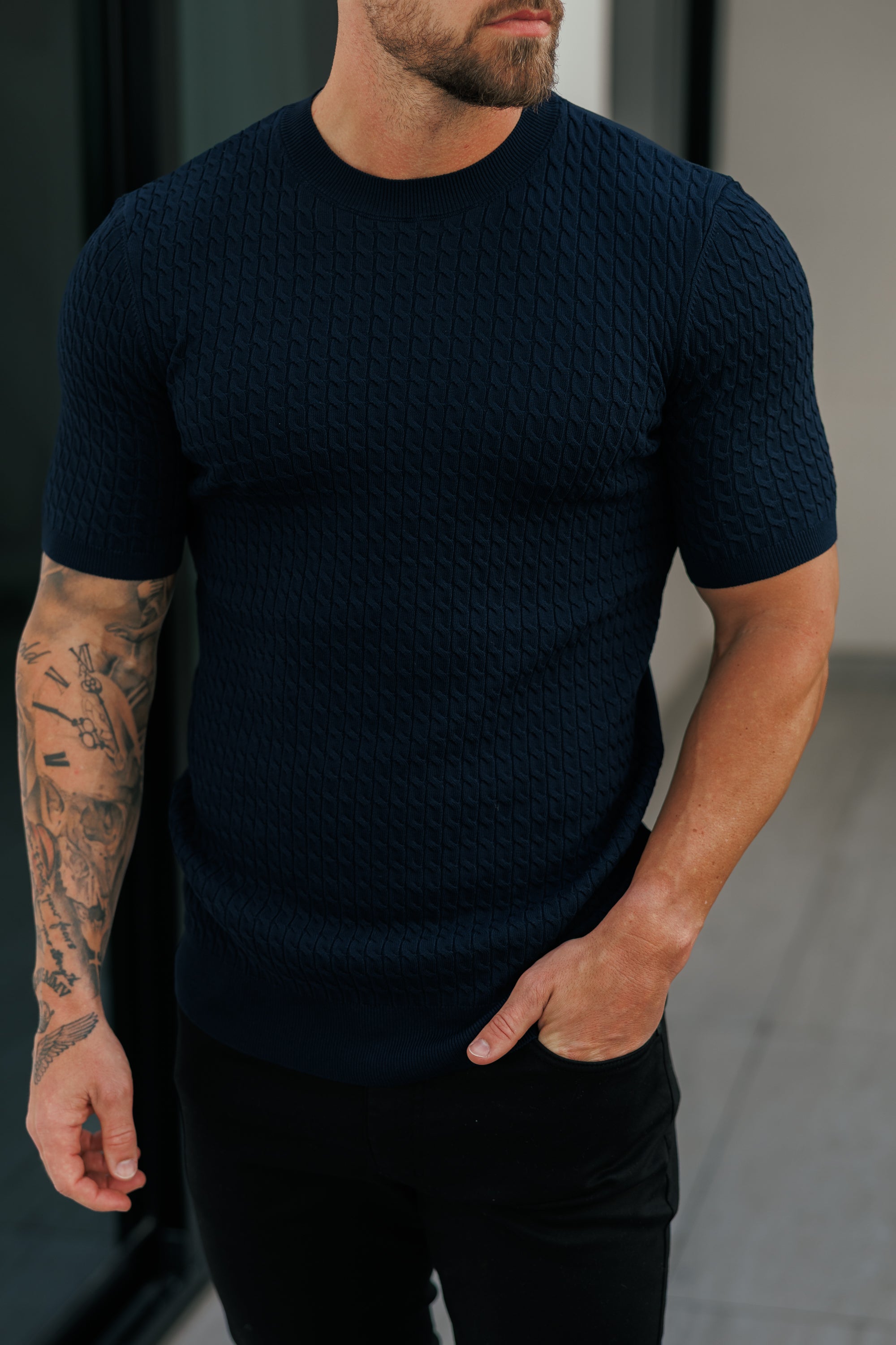 Front Chain Knit Crew Tshirt Navy Short Sleeve  -  FSR054