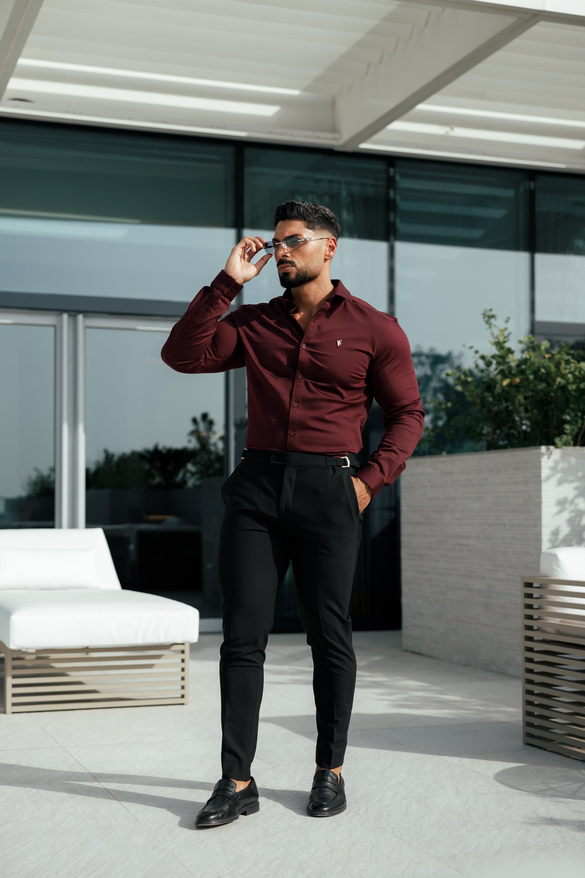 Super Slim Stretch Burgundy Denim Long Sleeve with Gold Metal Decal and Button Down Collar - FS1046