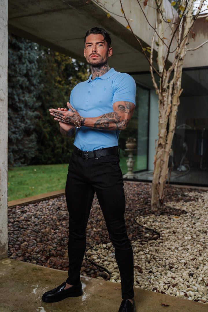 Classic Light Blue  Polo Shirt with Tonal Button and Embroidery - FSH880