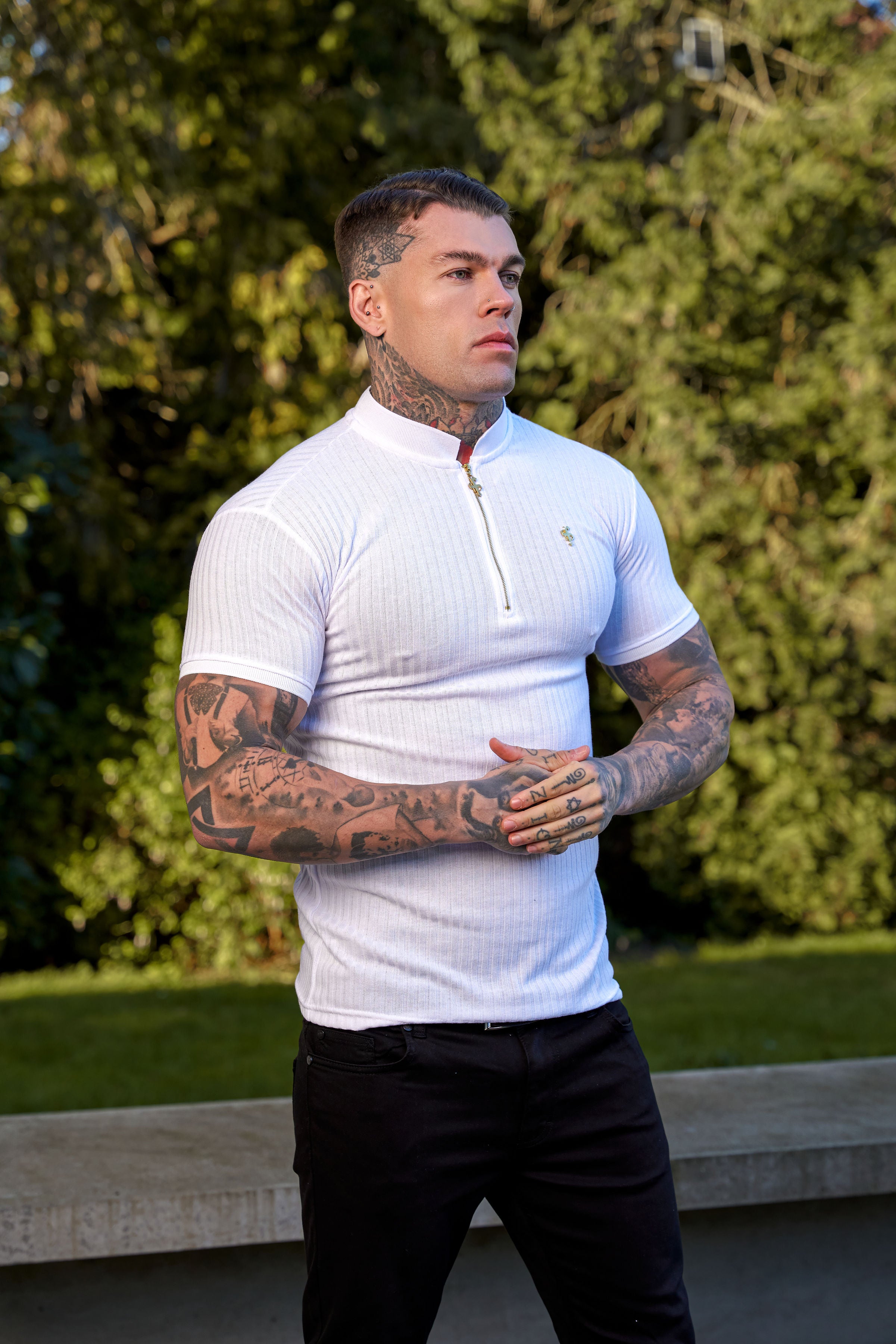 Classic White / White Ribbed Gold Zip Grandad Collar Shirt Short Sleeve - FSH915