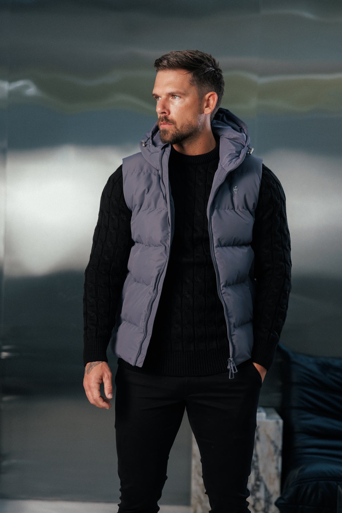 Charcoal Padded Hooded Gilet - FSN241