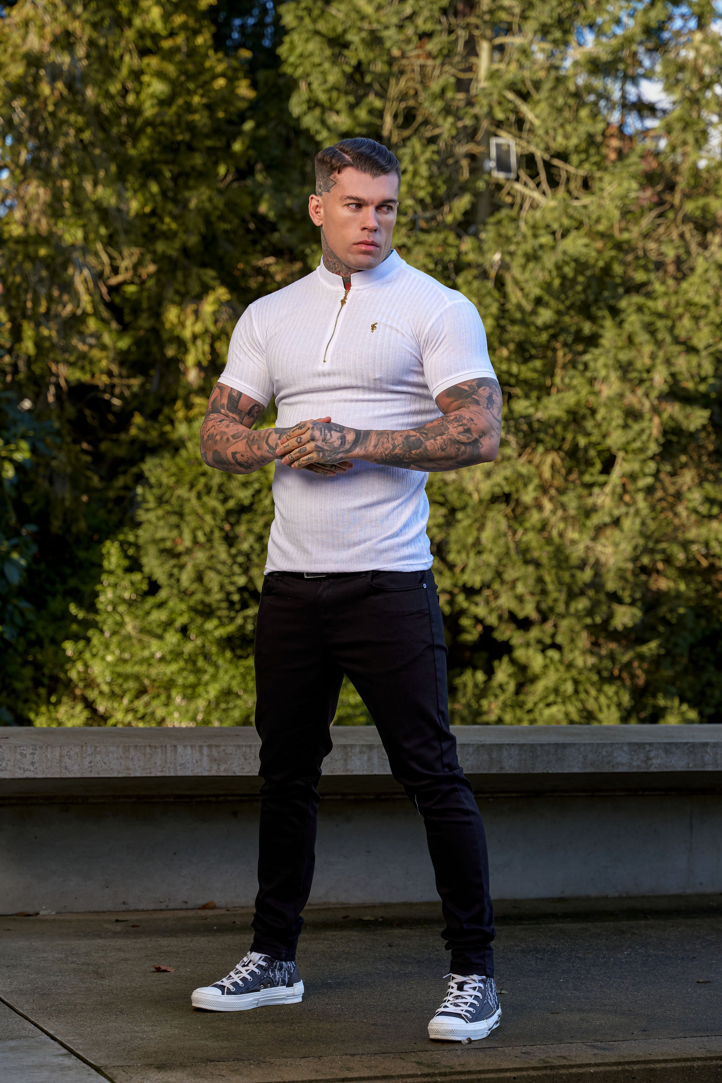 Classic White / White Ribbed Gold Zip Grandad Collar Shirt Short Sleeve - FSH915
